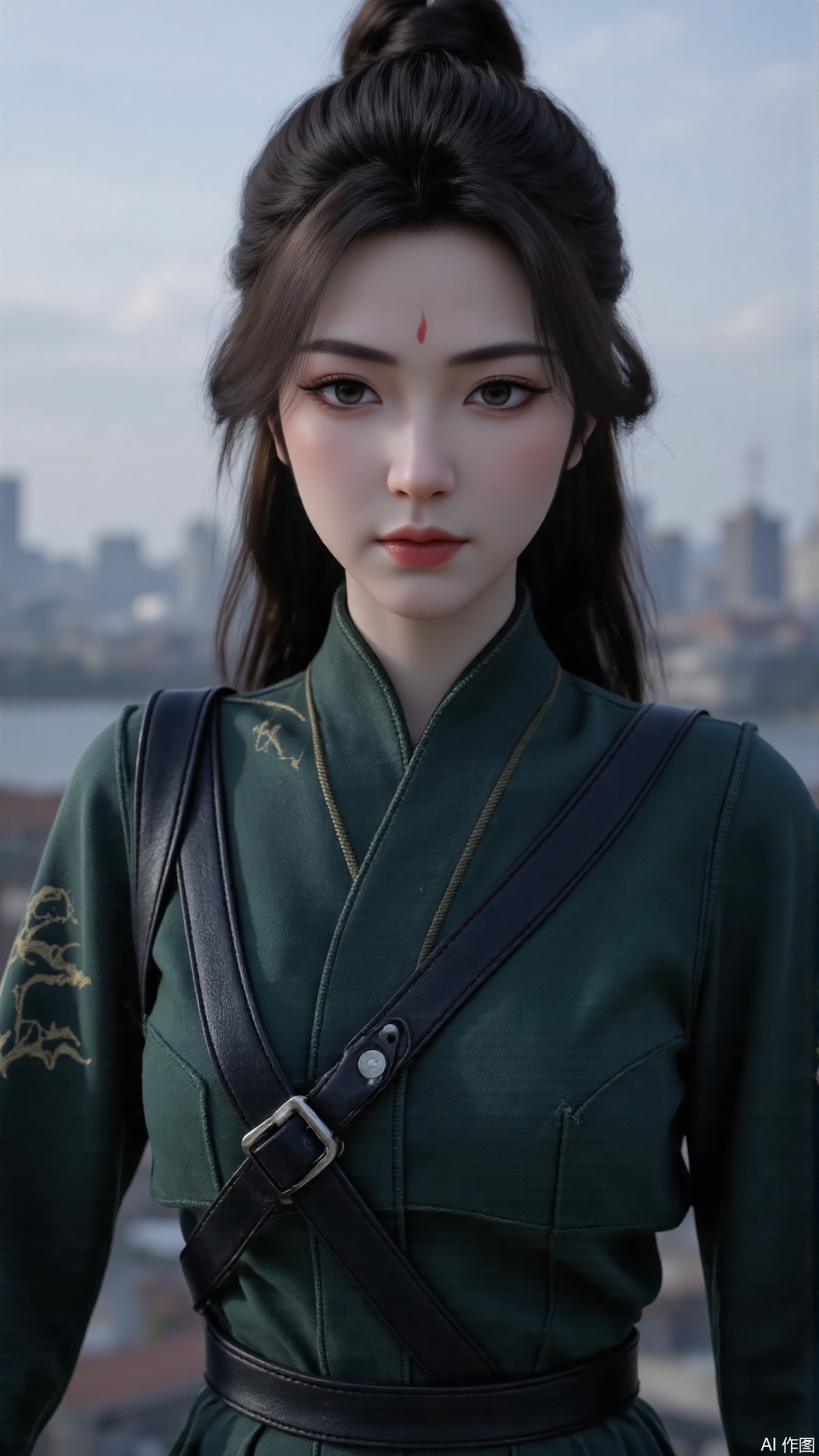1girl, solo, realistic, looking at viewer, dark green clothes, facial mark, forehead mark, lips, heterochromia, mischevious smile, perfect body, scenery, sharp focus, best quality, masterpiece, detailed outfit, illustration, perfect eyes, finely detailed beautiful anime eyes, realistic skin, intricate details, best lighting, depth of field, ultra high resolution,cowboy_shot
