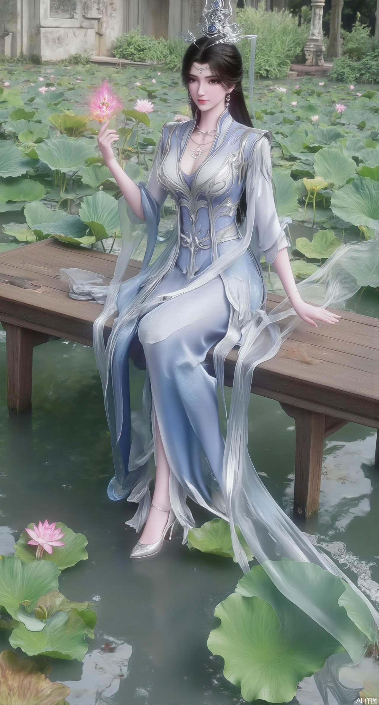 (masterpiece:1.2),best quality,The image is a digital illustration of a young woman sitting on a wooden bench in a pond with lily pads. She is wearing a long dress with design on the chest and sleeves. The dress has a high neckline and short sleeves,Holding a lotus in hand. She has long dark hair styled in loose waves and is wearing gold high heels. The woman is posing with one hand on her hip and the other resting on the edge of the bench. The background is filled with pink and white lotus flowers and green leaves. The overall mood of the image is peaceful and serene,(huge breasts:2.99),(full breasts:2.99),(Background with traditional Chinese architecture,Pond, water lilies:1.39),,XzilingXY3,XlimuwanJCY,XmoxianYK,Xfanlv