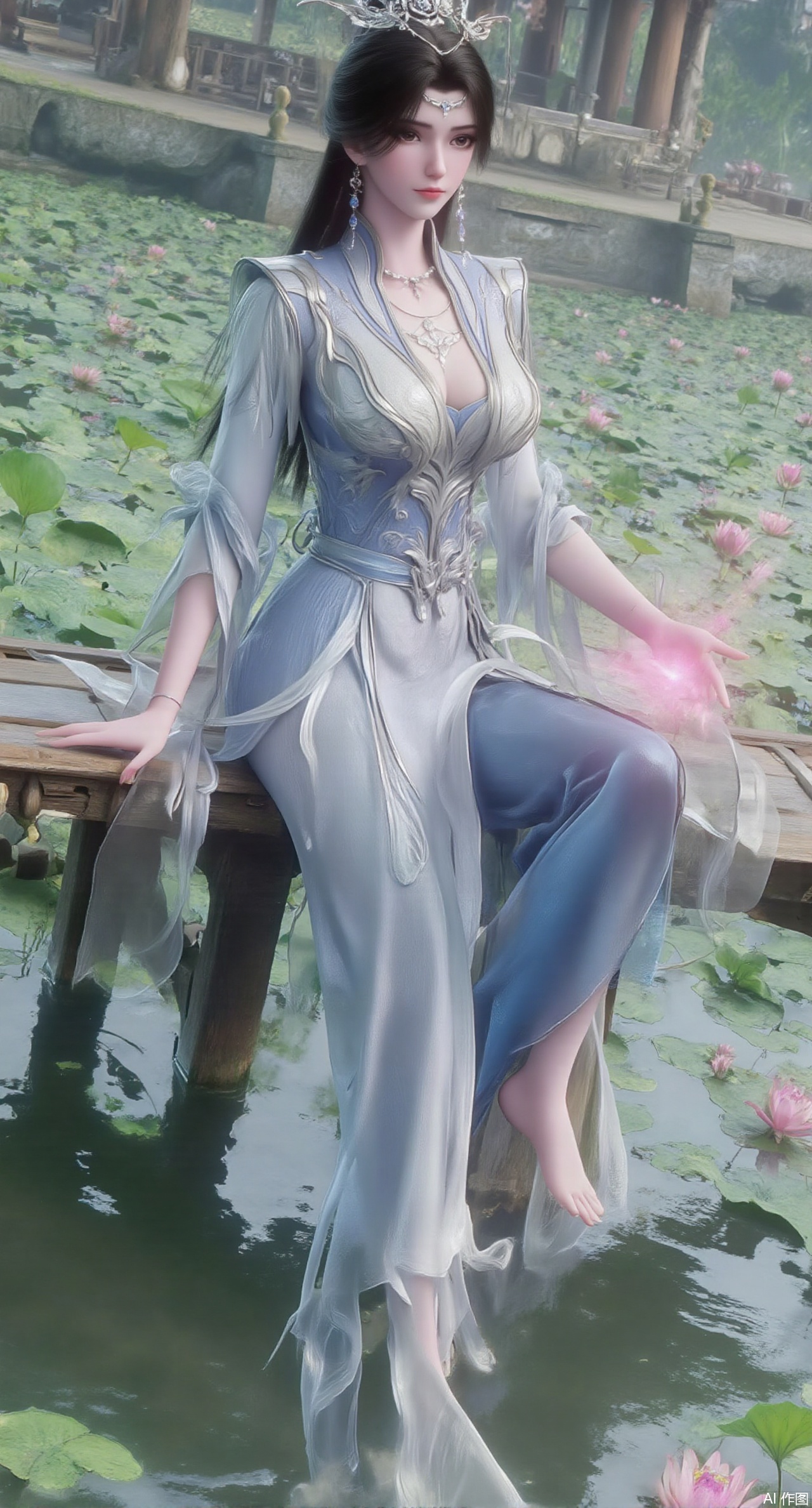(masterpiece:1.2),best quality,The image is a digital illustration of a young woman sitting on a wooden bench in a pond with lily pads. She is wearing a long dress with design on the chest and sleeves. The dress has a high neckline and short sleeves,Holding a lotus in hand. She has long dark hair styled in loose waves and is wearing gold high heels. The woman is posing with one hand on her hip and the other resting on the edge of the bench. The background is filled with pink and white lotus flowers and green leaves. The overall mood of the image is peaceful and serene,(huge breasts:2.99),(full breasts:2.99),(Background with traditional Chinese architecture,Pond, water lilies:1.39),,XzilingXY3,XlimuwanJCY,XmoxianYK,Xfanlv
