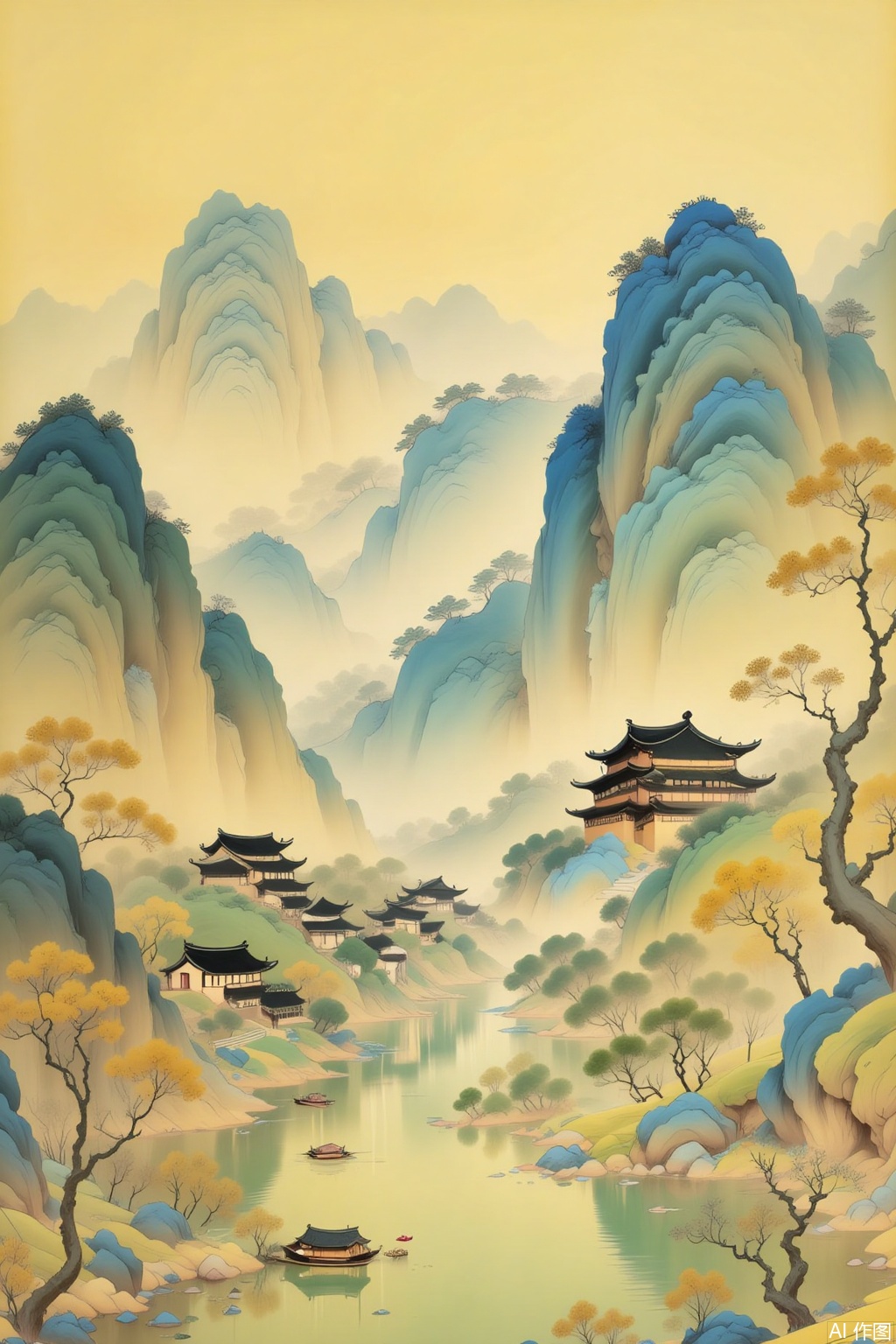 Traditional Chinese landscape painting style, ancient architecture like multi - story pavilions with blue - tiled roofs, surrounded by mountains with gradient hues of blue and green, a serene river with small boats, trees in autumnal tones, soft misty atmosphere, warm color palette dominated by yellows and greens.