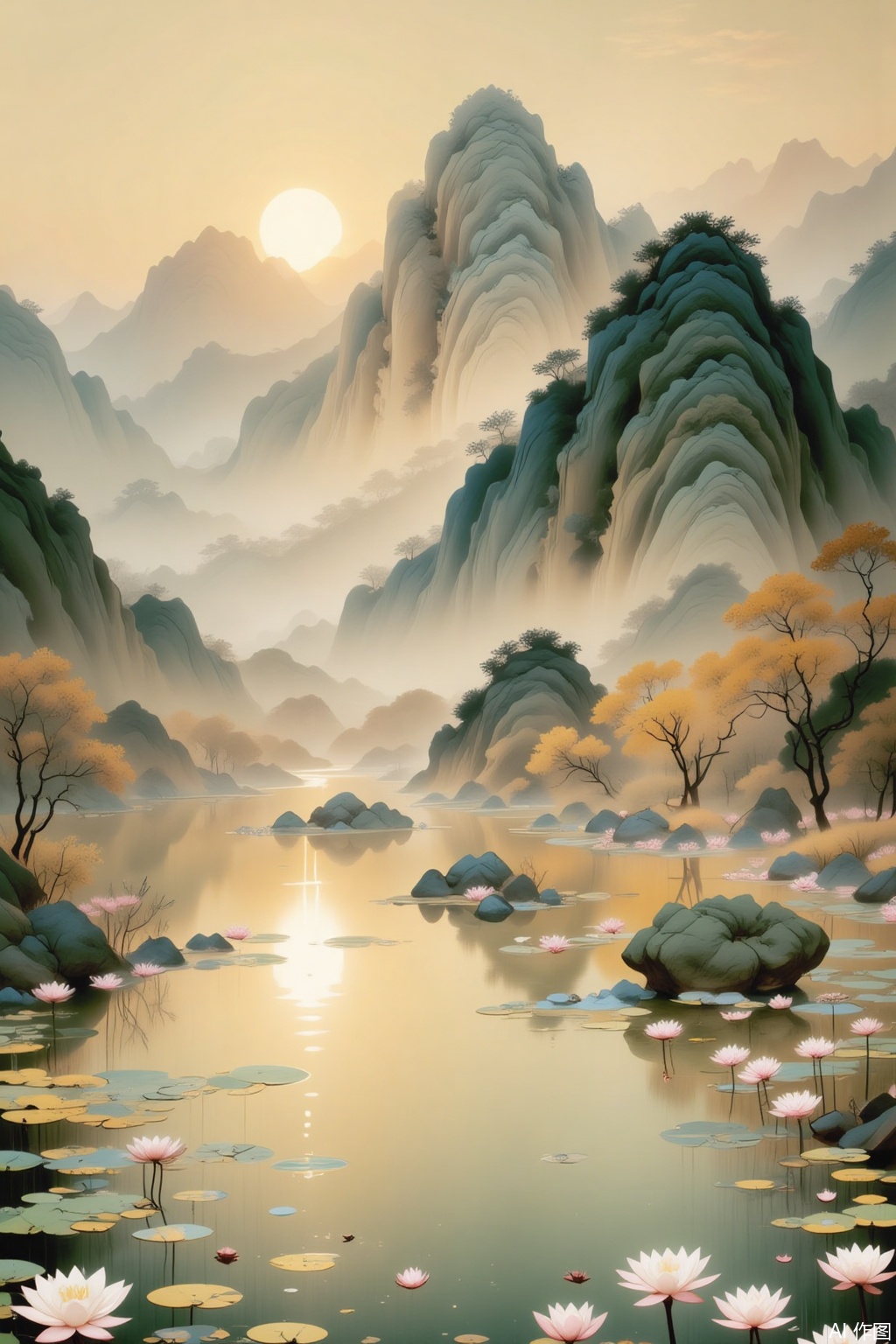 flower

outdoors

water

tree

no humans

scenery

reflection

mountain

sun

lily pad

lotus,meticulous painting