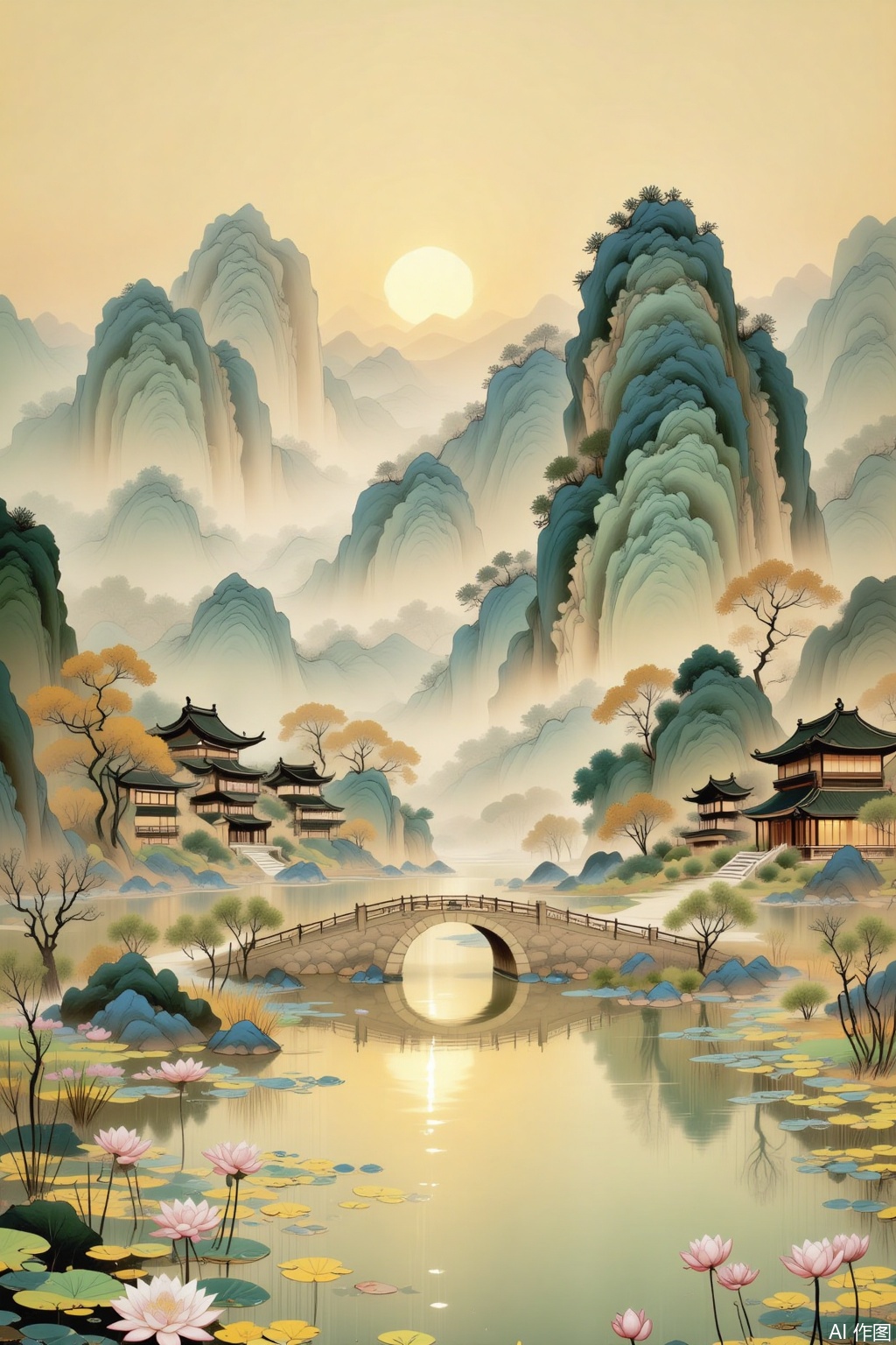 Traditional Chinese landscape painting style. Majestic mountains with layered greens and blues in the background, veiled in a light mist. A large, glowing sun setting in the sky, casting a warm, golden - yellow hue over the scene. A serene lake in the foreground with lotus flowers in shades of pink and yellow, and lily pads scattered across the water. A stone bridge arches over the lake. Traditional Chinese buildings with upturned eaves and dark - green roofs line the shore. Trees with a mix of green and autumnal - colored leaves add to the picturesque and tranquil atmosphere.