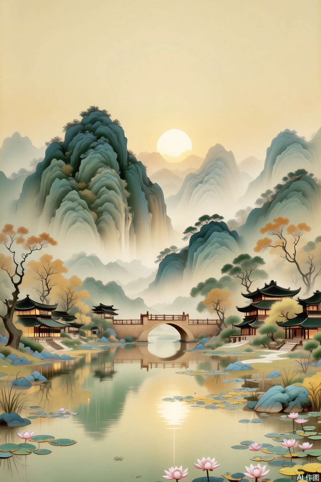 Traditional Chinese landscape painting style. Majestic mountains with layered greens and blues in the background, veiled in a light mist. A large, glowing sun setting in the sky, casting a warm, golden - yellow hue over the scene. A serene lake in the foreground with lotus flowers in shades of pink and yellow, and lily pads scattered across the water. A stone bridge arches over the lake. Traditional Chinese buildings with upturned eaves and dark - green roofs line the shore. Trees with a mix of green and autumnal - colored leaves add to the picturesque and tranquil atmosphere.