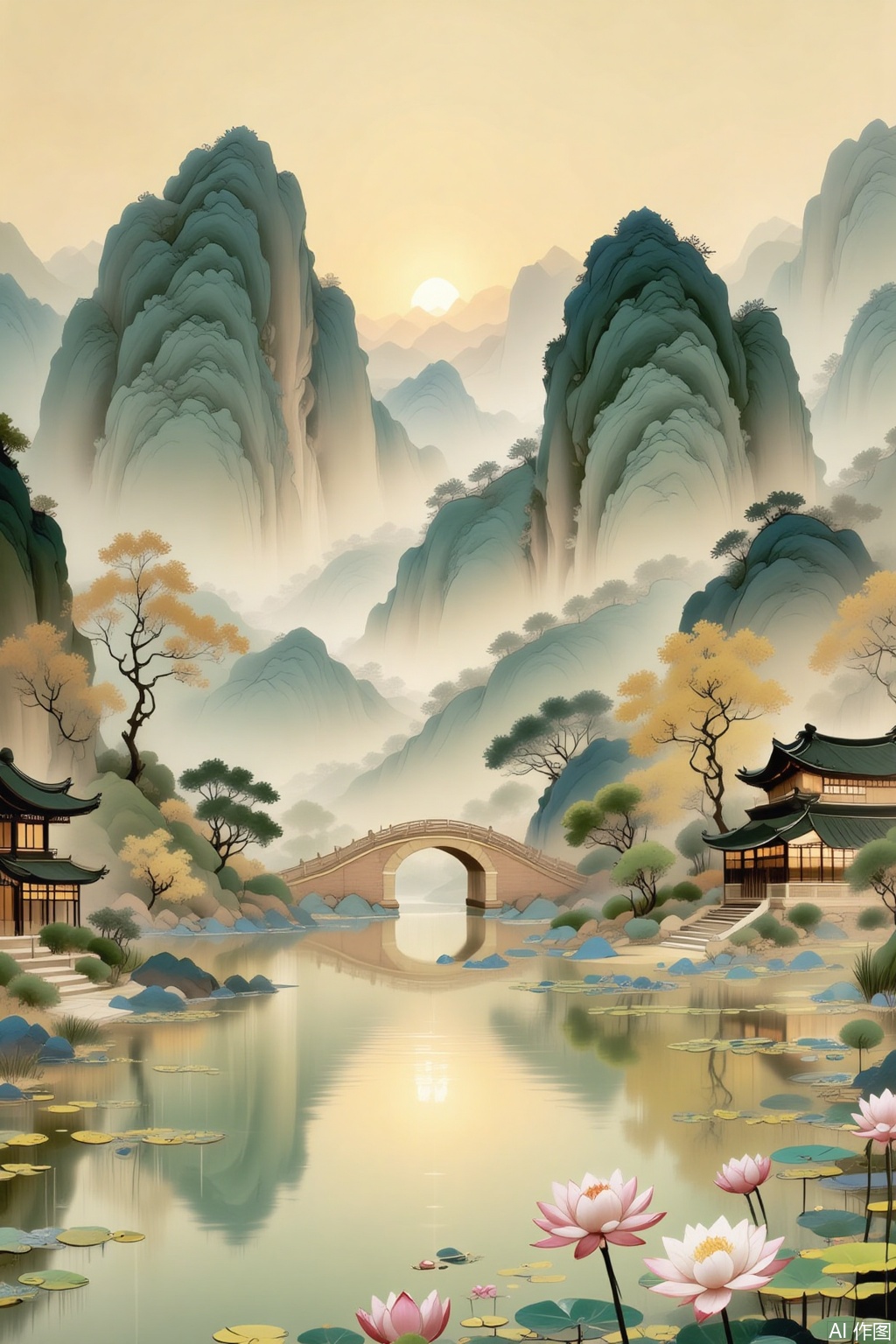 Traditional Chinese landscape painting style. Majestic mountains with layered greens and blues in the background, veiled in a light mist. A large, glowing sun setting in the sky, casting a warm, golden - yellow hue over the scene. A serene lake in the foreground with lotus flowers in shades of pink and yellow, and lily pads scattered across the water. A stone bridge arches over the lake. Traditional Chinese buildings with upturned eaves and dark - green roofs line the shore. Trees with a mix of green and autumnal - colored leaves add to the picturesque and tranquil atmosphere.
