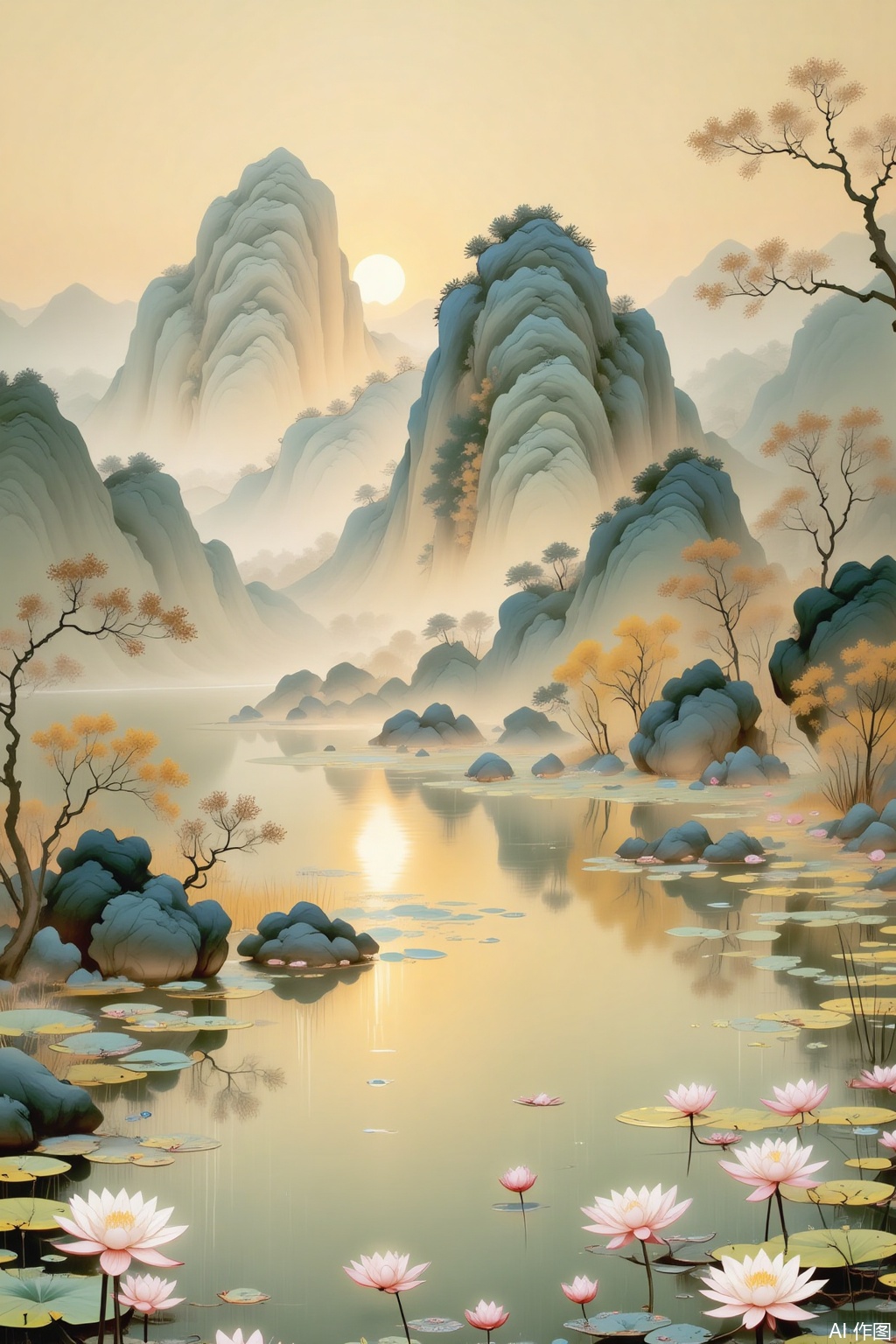 flower

outdoors

water

tree

no humans

scenery

reflection

mountain

sun

lily pad

lotus,meticulous painting