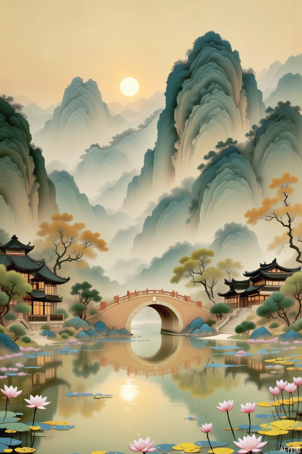 Traditional Chinese landscape painting style. Majestic mountains with layered greens and blues in the background, veiled in a light mist. A large, glowing sun setting in the sky, casting a warm, golden - yellow hue over the scene. A serene lake in the foreground with lotus flowers in shades of pink and yellow, and lily pads scattered across the water. A stone bridge arches over the lake. Traditional Chinese buildings with upturned eaves and dark - green roofs line the shore. Trees with a mix of green and autumnal - colored leaves add to the picturesque and tranquil atmosphere.