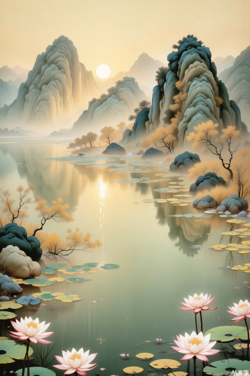 flower

outdoors

water

tree

no humans

scenery

reflection

mountain

sun

lily pad

lotus,meticulous painting