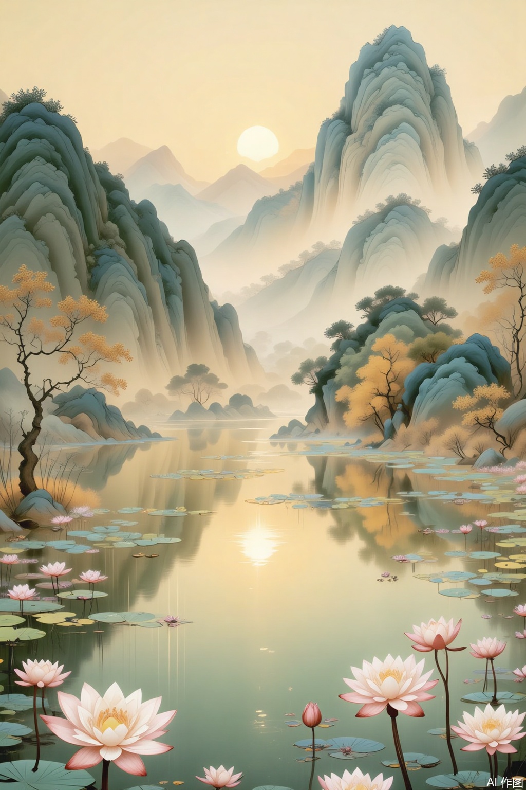 flower

outdoors

water

tree

no humans

scenery

reflection

mountain

sun

lily pad

lotus,meticulous painting