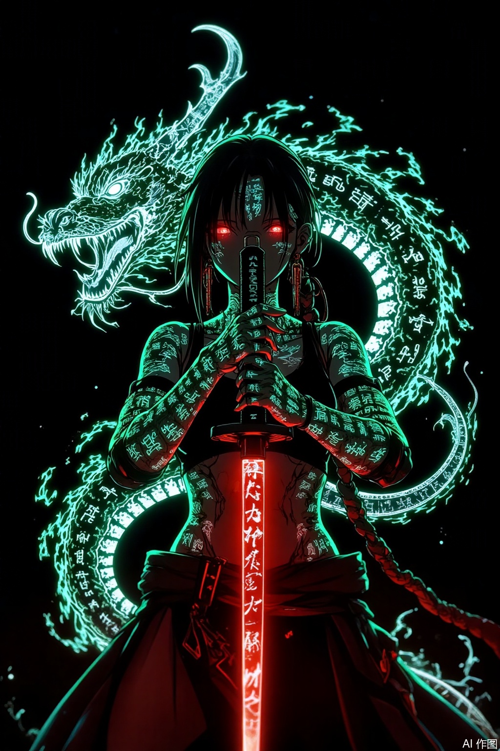 A cyberpunk - style anime female character, holding a long blade. The blade has red glowing effects and runes. The character's body is covered with fluorescent, mysterious rune tattoos, densely packed. Her eyes glow red. The background is black, surrounded by neon - green and blue - white energy - flowing effects, creating a mysterious and dangerous atmosphere. The overall image features a strong color contrast and a powerful visual impact. Her body is entwined by a fluorescent - glowing Eastern dragon.,Colorful skin