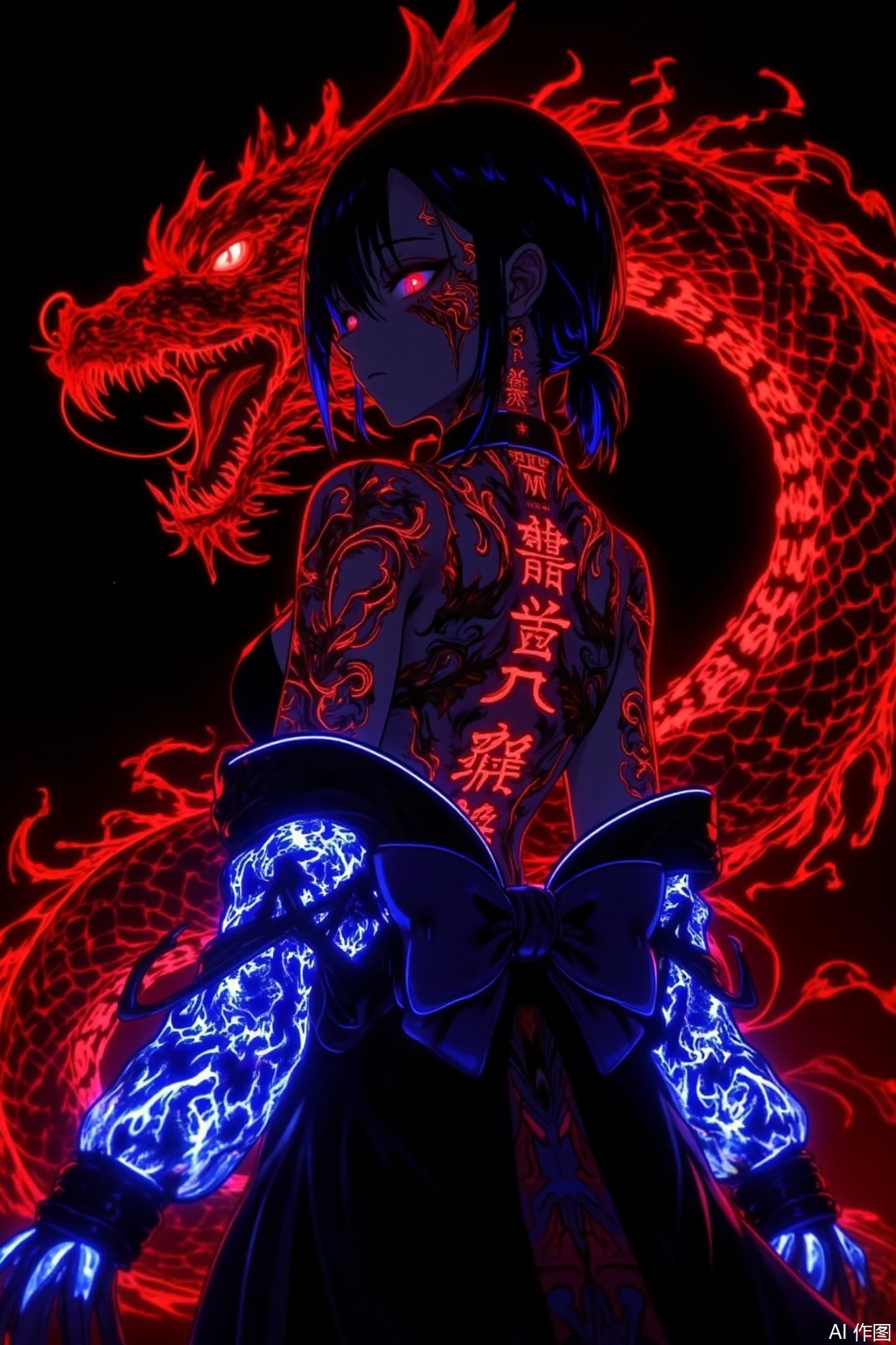 Style and Quality
 
- High - quality anime - style illustration, with sharp details and vivid, contrasting colors to create a striking visual effect.
 
Character Description
 
- A female character with dark hair, some strands highlighted in blue. Her hair is styled in a way that some parts are tied back, giving a dynamic look. She has one eye glowing red and the other blue, which adds to her mysterious and powerful aura.
- She is dressed in a traditional - inspired outfit, possibly with Japanese - style elements, featuring a large, ornate bow at the back that glows with a bright blue light. The outfit appears to be form - fitting, showing off her figure.
 
Body Details
 
- Her body is adorned with intricate, glowing tattoos. On her chest, there are prominent red - glowing Chinese characters or symbols, which stand out against her dark - toned skin. Her arms also have elaborate blue - glowing patterns, adding to the overall sense of power and magic.
 
Background and Surroundings
 
- A large, menacing red - glowing dragon is depicted behind her. The dragon's form is detailed with scales and fierce features, and its glow creates a stark contrast with the dark background, enhancing the dramatic and intense atmosphere of the image. The dragon's presence emphasizes the character's connection to mythical or supernatural forces.