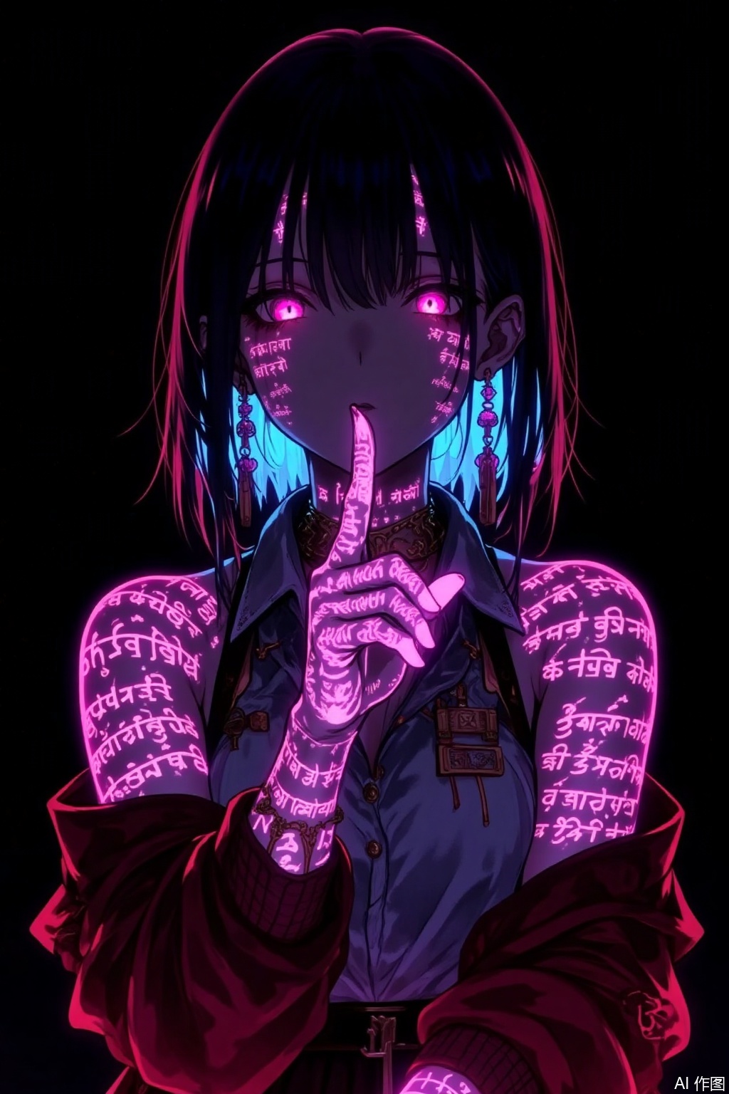 1girl

solo

looking at viewer

bangs

skirt

shirt

black hair

bare shoulders

jewelry

blue hair

jacket

multicolored hair

earrings

black skirt

medium hair

pink eyes

off shoulder

english text

tattoo

glowing

black background

glowing eyes

index finger raised

finger to mouth

colored inner hair,Colorful skin