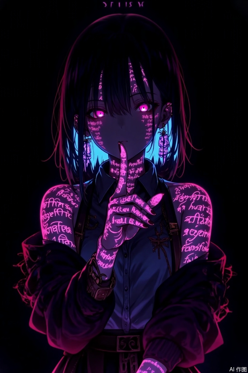 1girl

solo

looking at viewer

bangs

skirt

shirt

black hair

bare shoulders

jewelry

blue hair

jacket

multicolored hair

earrings

black skirt

medium hair

pink eyes

off shoulder

english text

tattoo

glowing

black background

glowing eyes

index finger raised

finger to mouth

colored inner hair,Colorful skin