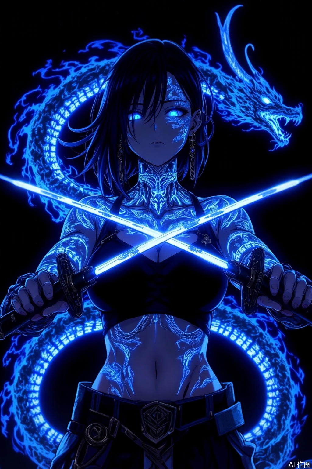 Style and Quality:
 
- Anime - inspired, high - definition, sharp - detailed, with vivid color contrast for a striking visual impact.
 
Character Description:
 
- Female character with flowing dark hair. Her eyes glow a bright blue, radiating an air of power and enigma.
- She is dressed in a black, strappy crop top that exposes her midriff, paired with dark pants. A belt with metallic accents cinches her waist, enhancing her edgy and fierce appearance.
 
Body Art and Tattoos:
 
- Her body is embellished with intricate, glowing blue tattoos. These tattoos feature elaborate and ornate patterns, including dragon - like motifs that add to her imposing and mythical look.
 
Weapons and Special Effects:
 
- She wields two swords, which are crossed in front of her torso. The swords are surrounded by a swirling blue, flame - like energy, suggesting they are imbued with magical or supernatural power.
- A large, spectral blue dragon coils around her body. The dragon is composed of the same glowing blue energy as her tattoos and the energy around the swords, creating a cohesive and powerful visual theme.
 
Background:
 
- The background is a deep, inky black, which serves to highlight the bright blue glow of the character, her tattoos, the swords, and the dragon, maximizing the contrast and intensifying the dramatic and intense atmosphere of the image.