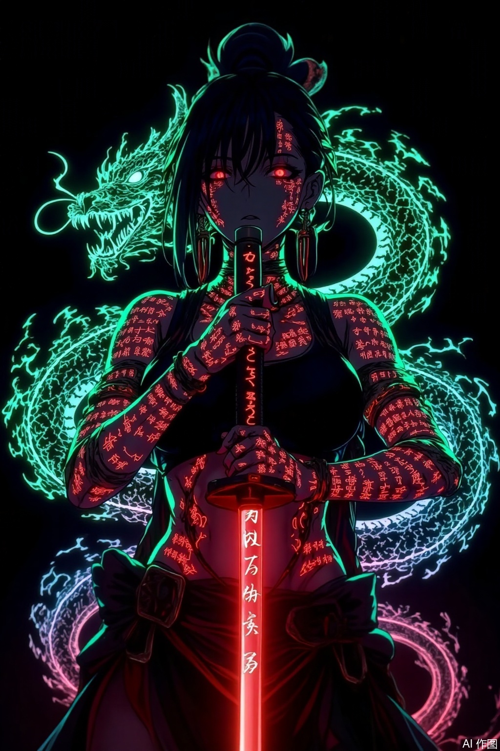 A cyberpunk - style anime female character, holding a long blade. The blade has red glowing effects and runes. The character's body is covered with fluorescent, mysterious rune tattoos, densely packed. Her eyes glow red. The background is black, surrounded by neon - green and blue - white energy - flowing effects, creating a mysterious and dangerous atmosphere. The overall image features a strong color contrast and a powerful visual impact. Her body is entwined by a fluorescent - glowing Eastern dragon.