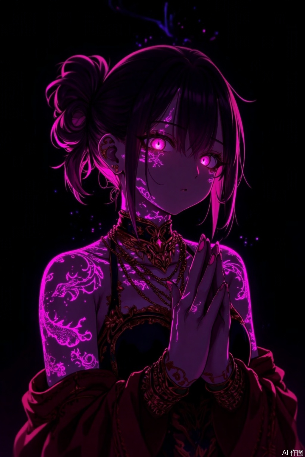 1 girl
solo
Watching the audience
Colorful hair
pinkeye
Off Shoulder
tattoo
Luminescent
black background
Sparkling eyes
Put your hands together,Colorful skin