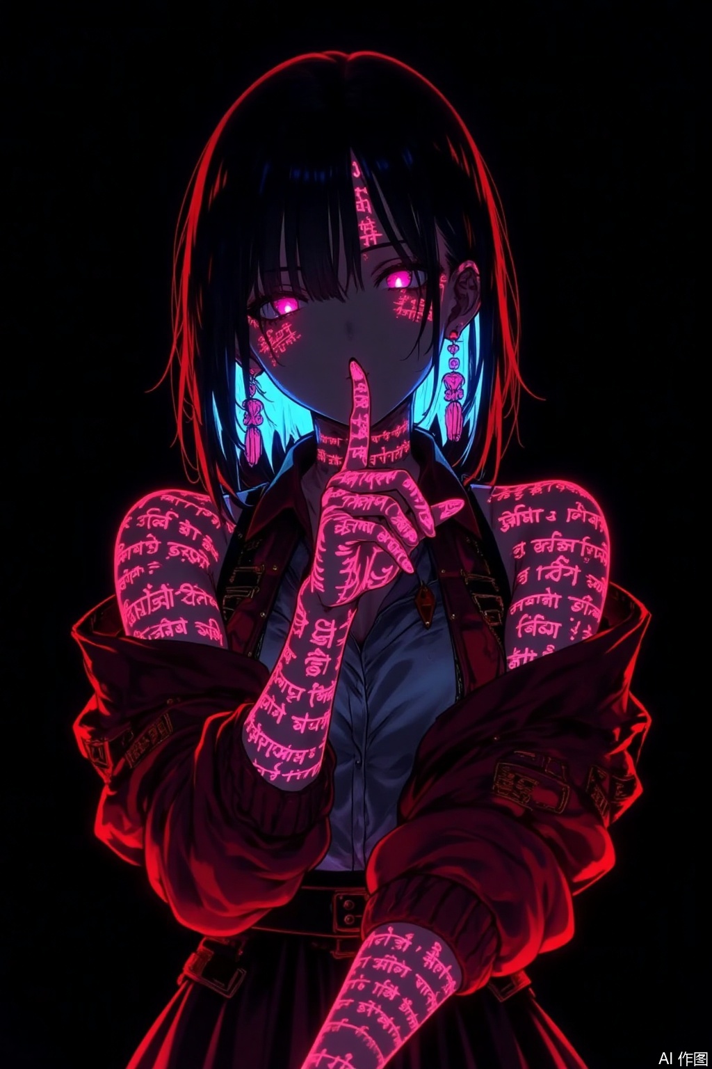 1girl

solo

looking at viewer

bangs

skirt

shirt

black hair

bare shoulders

jewelry

blue hair

jacket

multicolored hair

earrings

black skirt

medium hair

pink eyes

off shoulder

english text

tattoo

glowing

black background

glowing eyes

index finger raised

finger to mouth

colored inner hair,Colorful skin
