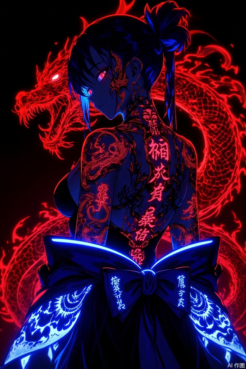 Style and Quality
 
- High - quality anime - style illustration, with sharp details and vivid, contrasting colors to create a striking visual effect.
 
Character Description
 
- A female character with dark hair, some strands highlighted in blue. Her hair is styled in a way that some parts are tied back, giving a dynamic look. She has one eye glowing red and the other blue, which adds to her mysterious and powerful aura.
- She is dressed in a traditional - inspired outfit, possibly with Japanese - style elements, featuring a large, ornate bow at the back that glows with a bright blue light. The outfit appears to be form - fitting, showing off her figure.
 
Body Details
 
- Her body is adorned with intricate, glowing tattoos. On her chest, there are prominent red - glowing Chinese characters or symbols, which stand out against her dark - toned skin. Her arms also have elaborate blue - glowing patterns, adding to the overall sense of power and magic.
 
Background and Surroundings
 
- A large, menacing red - glowing dragon is depicted behind her. The dragon's form is detailed with scales and fierce features, and its glow creates a stark contrast with the dark background, enhancing the dramatic and intense atmosphere of the image. The dragon's presence emphasizes the character's connection to mythical or supernatural forces.