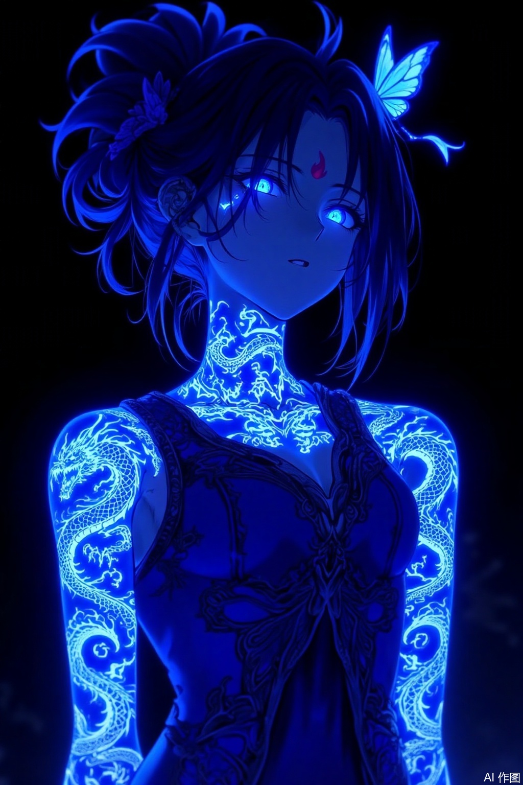 Style & Quality: High - resolution, anime - style, with vivid and sharp details.
Character: Female with dark hair styled up, adorned with a blue butterfly hair accessory. She has glowing blue eyes and a small red marking near one eye.
Clothing: Wears a form - fitting blue dress with dragon patterns.
Body Art: Arms covered in glowing dragon tattoos that match the dress patterns.
Lighting & Atmosphere: Illuminated by blue light, set against a dark background for a mysterious and enchanting atmosphere.