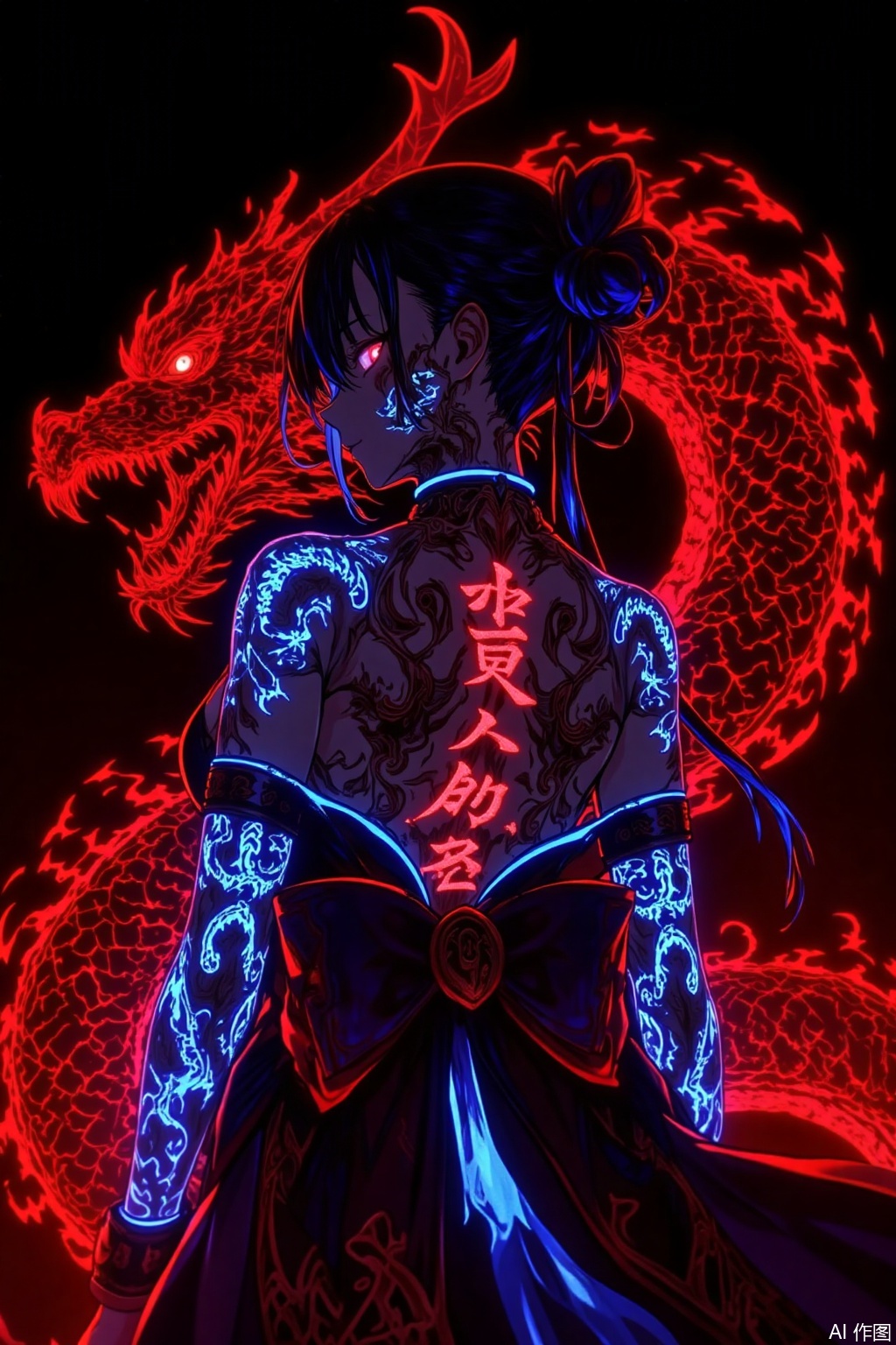 Style and Quality
 
- High - quality anime - style illustration, with sharp details and vivid, contrasting colors to create a striking visual effect.
 
Character Description
 
- A female character with dark hair, some strands highlighted in blue. Her hair is styled in a way that some parts are tied back, giving a dynamic look. She has one eye glowing red and the other blue, which adds to her mysterious and powerful aura.
- She is dressed in a traditional - inspired outfit, possibly with Japanese - style elements, featuring a large, ornate bow at the back that glows with a bright blue light. The outfit appears to be form - fitting, showing off her figure.
 
Body Details
 
- Her body is adorned with intricate, glowing tattoos. On her chest, there are prominent red - glowing Chinese characters or symbols, which stand out against her dark - toned skin. Her arms also have elaborate blue - glowing patterns, adding to the overall sense of power and magic.
 
Background and Surroundings
 
- A large, menacing red - glowing dragon is depicted behind her. The dragon's form is detailed with scales and fierce features, and its glow creates a stark contrast with the dark background, enhancing the dramatic and intense atmosphere of the image. The dragon's presence emphasizes the character's connection to mythical or supernatural forces.