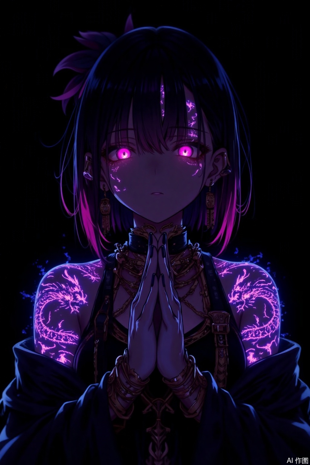 1 girl
solo
Watching the audience
Colorful hair
pinkeye
Off Shoulder
tattoo
Luminescent
black background
Sparkling eyes
Put your hands together,Colorful skin