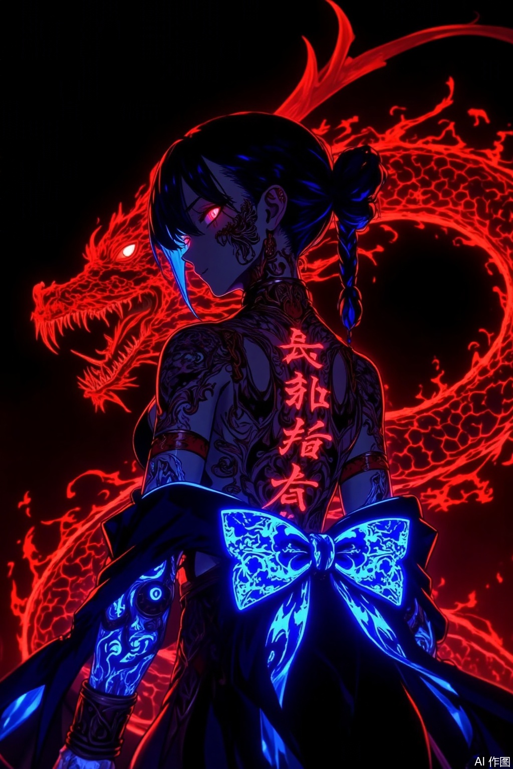 Style and Quality
 
- High - quality anime - style illustration, with sharp details and vivid, contrasting colors to create a striking visual effect.
 
Character Description
 
- A female character with dark hair, some strands highlighted in blue. Her hair is styled in a way that some parts are tied back, giving a dynamic look. She has one eye glowing red and the other blue, which adds to her mysterious and powerful aura.
- She is dressed in a traditional - inspired outfit, possibly with Japanese - style elements, featuring a large, ornate bow at the back that glows with a bright blue light. The outfit appears to be form - fitting, showing off her figure.
 
Body Details
 
- Her body is adorned with intricate, glowing tattoos. On her chest, there are prominent red - glowing Chinese characters or symbols, which stand out against her dark - toned skin. Her arms also have elaborate blue - glowing patterns, adding to the overall sense of power and magic.
 
Background and Surroundings
 
- A large, menacing red - glowing dragon is depicted behind her. The dragon's form is detailed with scales and fierce features, and its glow creates a stark contrast with the dark background, enhancing the dramatic and intense atmosphere of the image. The dragon's presence emphasizes the character's connection to mythical or supernatural forces.