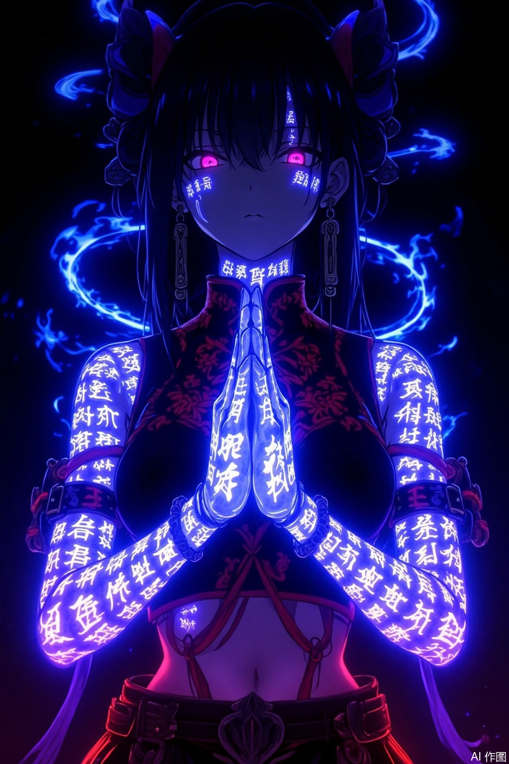 Style and Quality：Anime - style, high - definition, 8K resolution, ultra - detailed, sharp focus
Main Character：A young girl with long black hair, bangs, faintly - glowing pink - hued eyes, delicate and well - defined facial features, adorned with traditional Chinese - style hair ornaments
Clothing：Traditional Chinese - inspired attire, dark top with red patterns, cropped inner garment revealing the midriff, wide belt with metallic buckles
Special Effects and Lighting：Body adorned with glowing runes and incantations, predominantly in blue and purple shades, radiating brightly against a dark backdrop. Hands clasped in a prayer - like pose, with runes on the hands shining especially vividly. Blue flame - like light effects surrounding the body, red light accents along the edges of the clothing and around the waist, generating a striking contrast and a mysterious, powerful ambiance