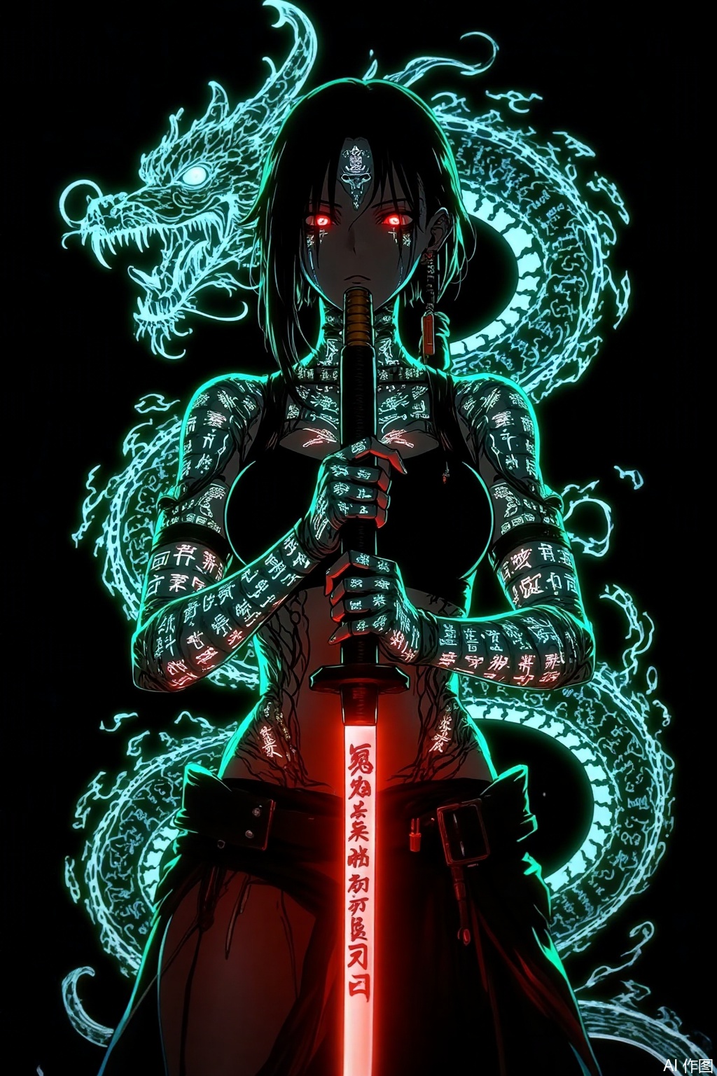 A cyberpunk - style anime female character, holding a long blade. The blade has red glowing effects and runes. The character's body is covered with fluorescent, mysterious rune tattoos, densely packed. Her eyes glow red. The background is black, surrounded by neon - green and blue - white energy - flowing effects, creating a mysterious and dangerous atmosphere. The overall image features a strong color contrast and a powerful visual impact. Her body is entwined by a fluorescent - glowing Eastern dragon.