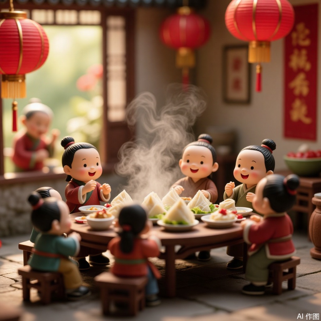 Miniature figures, Miniature figures gather around a table with steaming zongzi indoors, with red lanterns and "Fu" characters in the background, enjoying a festive meal.