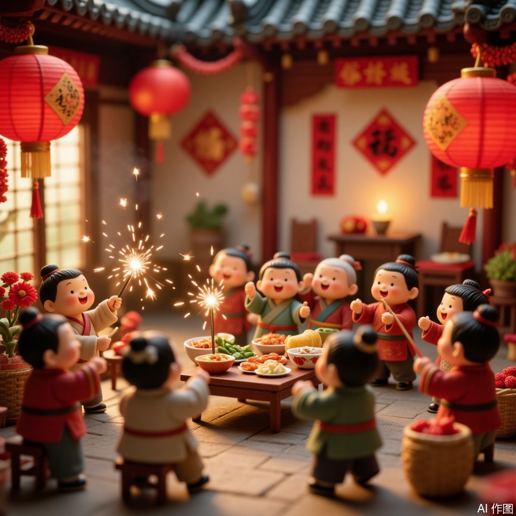 Miniature figures, Miniature figures celebrate indoors with sparklers and festive food, surrounded by red "Fu" characters and lanterns, creating a jubilant festival atmosphere.
