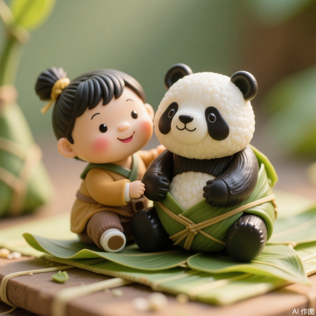 A Miniature figures child  and a Panda sitting togther,the panda is wrapped in bamboo leaves and placed on a bamboo mat with bamboo leaves