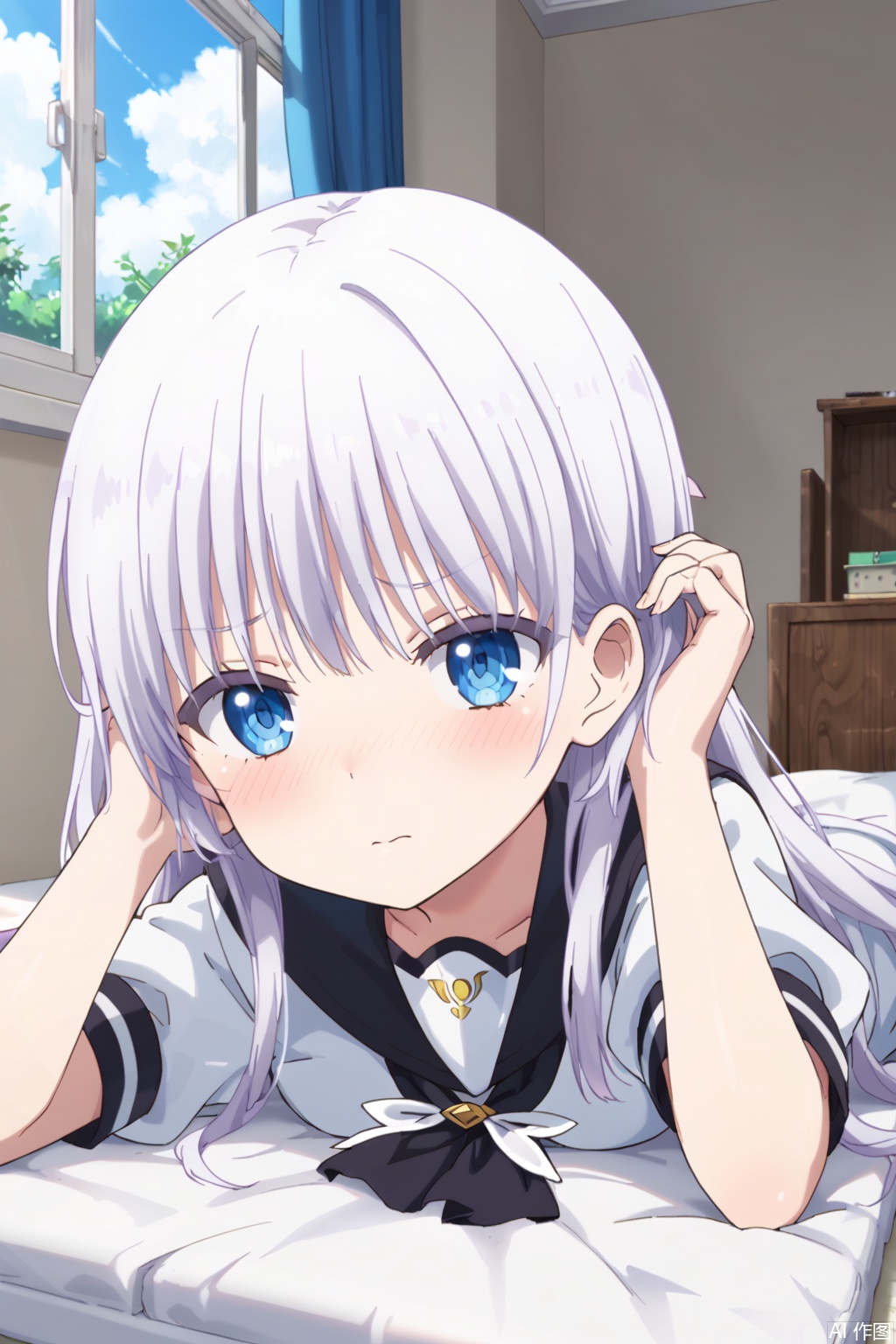 1girl,solo,long hair,bangs,blue eyes,closed mouth,white hair,small_breasts,(upper body:1.1),(((slim:1.6))),bed,adjusting hair,looking at viewer,((lie prone:1.5)),(close-up:1.2),Window,Sunshine,(school uniform:1.1),embarrassed , blush, shy, nose blush , ,from below,