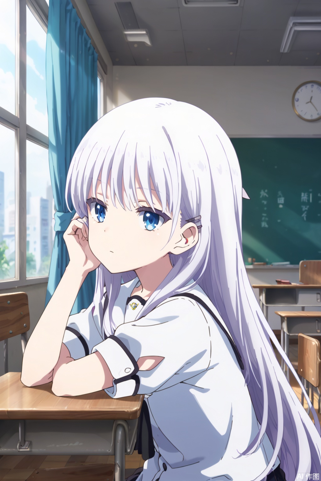 1girl,solo,long hair,bangs,blue eyes,closed mouth,white hair,,,,white dress,slim,,adjusting hair,expressionless eyes,expressionless,Indoor,school uniform,,(profile:0.8),,classroom,curtain,masterpiece,best quality,official art,extremely detailed CG unity 8k wallpaper, sit