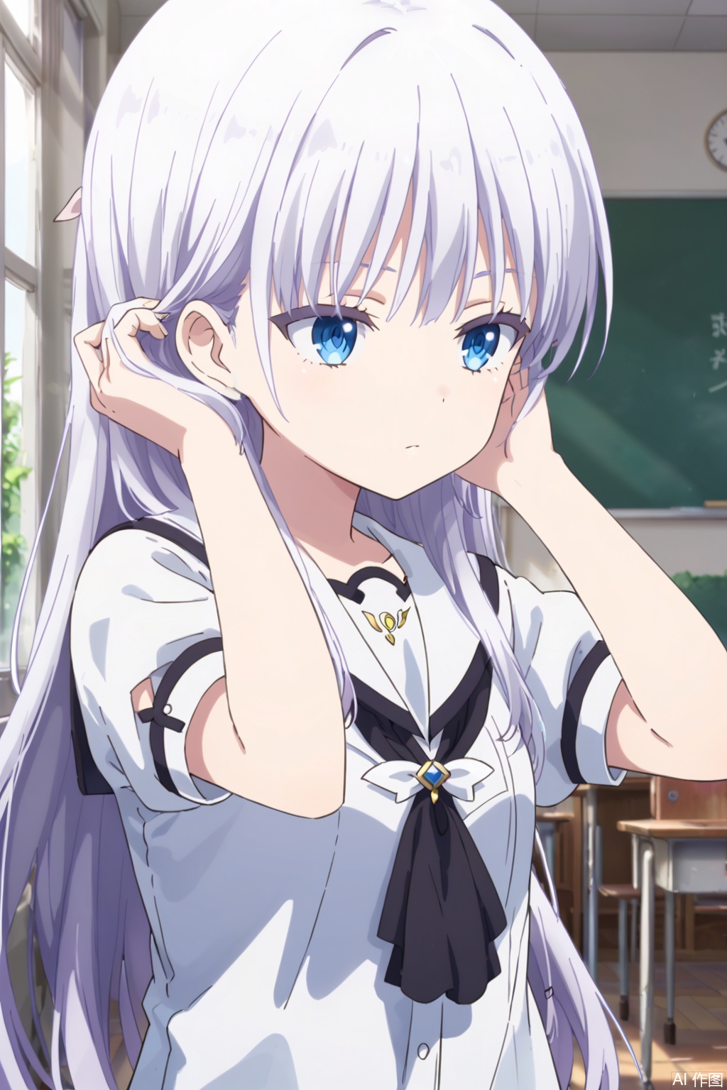 1girl,solo,long hair,bangs,blue eyes,closed mouth,white hair,,,,white dress,(upper body:1.2),slim,,adjusting hair,expressionless eyes,expressionless,Indoor,school uniform,,(profile:0.8),,classroom,curtain,masterpiece,best quality,official art,extremely detailed CG unity 8k wallpaper, 