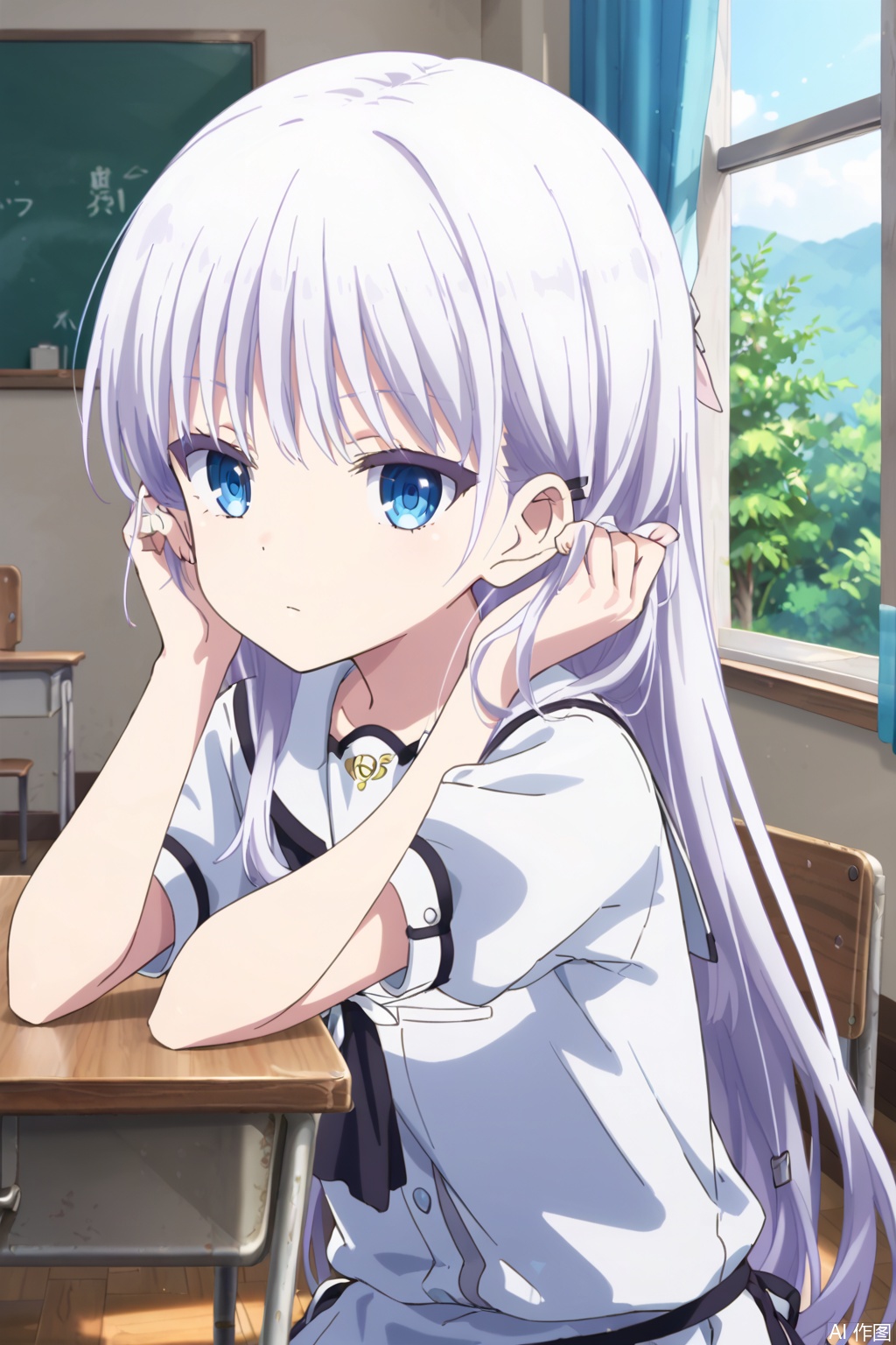 1girl,solo,long hair,bangs,blue eyes,closed mouth,white hair,,,,white dress,slim,,adjusting hair,expressionless eyes,expressionless,Indoor,school uniform,,(profile:0.8),,classroom,curtain,masterpiece,best quality,official art,extremely detailed CG unity 8k wallpaper, sit