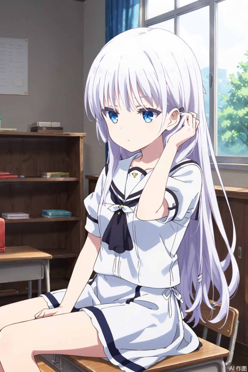 1girl,solo,long hair,bangs,blue eyes,closed mouth,white hair,,,,white dress,slim,,adjusting hair,expressionless eyes,expressionless,Indoor,school uniform,,(profile:0.8),,classroom,curtain,masterpiece,best quality,official art,extremely detailed CG unity 8k wallpaper, sit