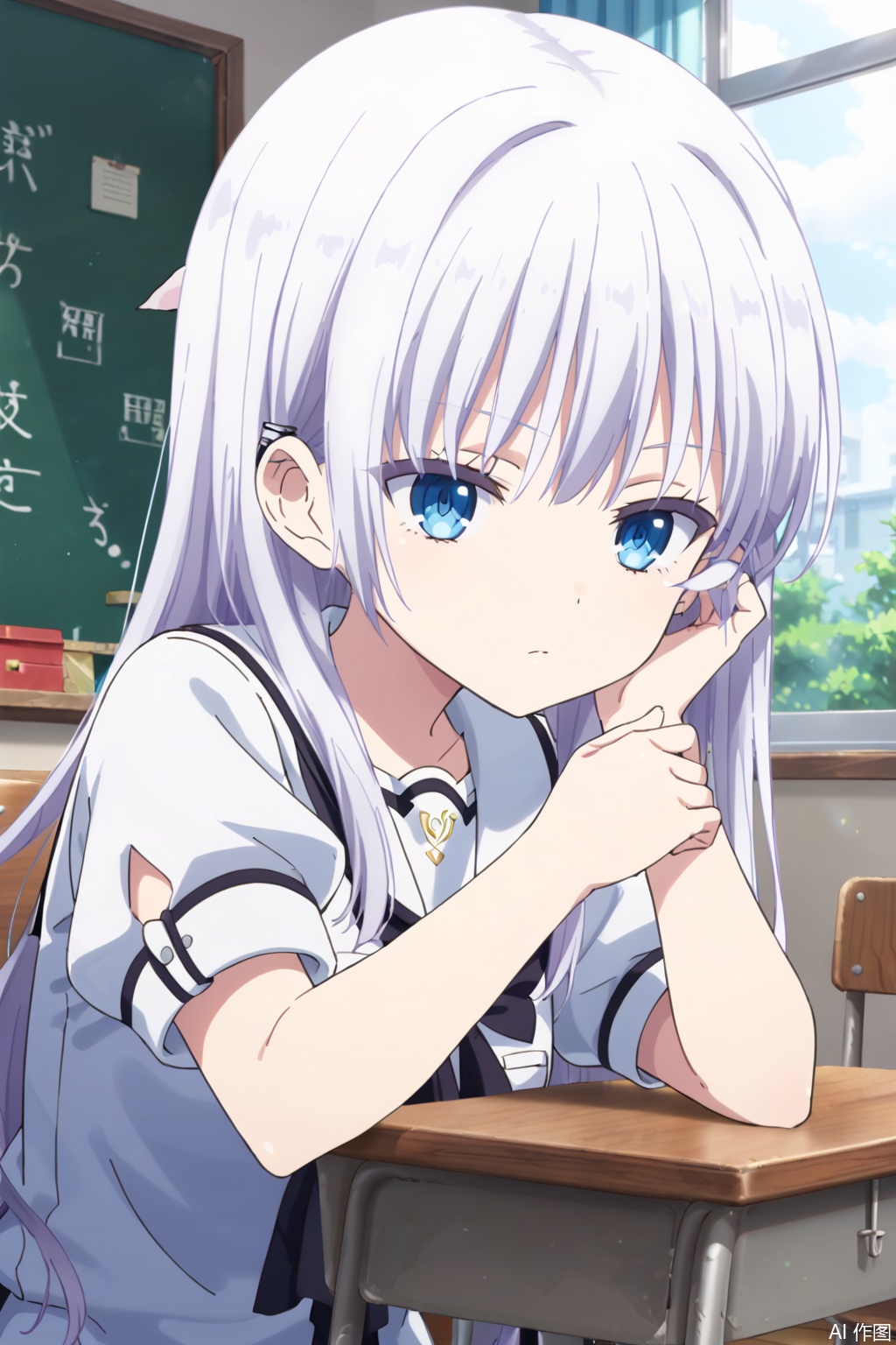 1girl,solo,long hair,bangs,blue eyes,closed mouth,white hair,,,,white dress,slim,,adjusting hair,expressionless eyes,expressionless,Indoor,school uniform,,(profile:0.8),,classroom,curtain,masterpiece,best quality,official art,extremely detailed CG unity 8k wallpaper, sit