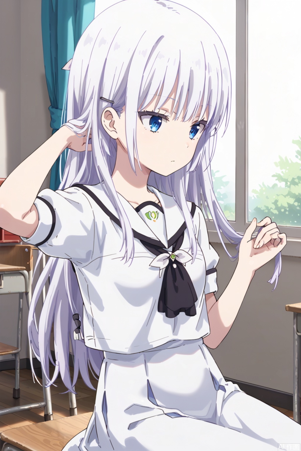 1girl,solo,long hair,bangs,blue eyes,closed mouth,white hair,,small_breasts,white dress drop-down,,(((slim:1.6))),bed,adjusting hair,expressionless eyes,expressionless,Indoor,(school uniform:1.2),(sit:1.2),(profile:0.8),classroom,(curtain:1.2),(slender waist:1.2),upper body