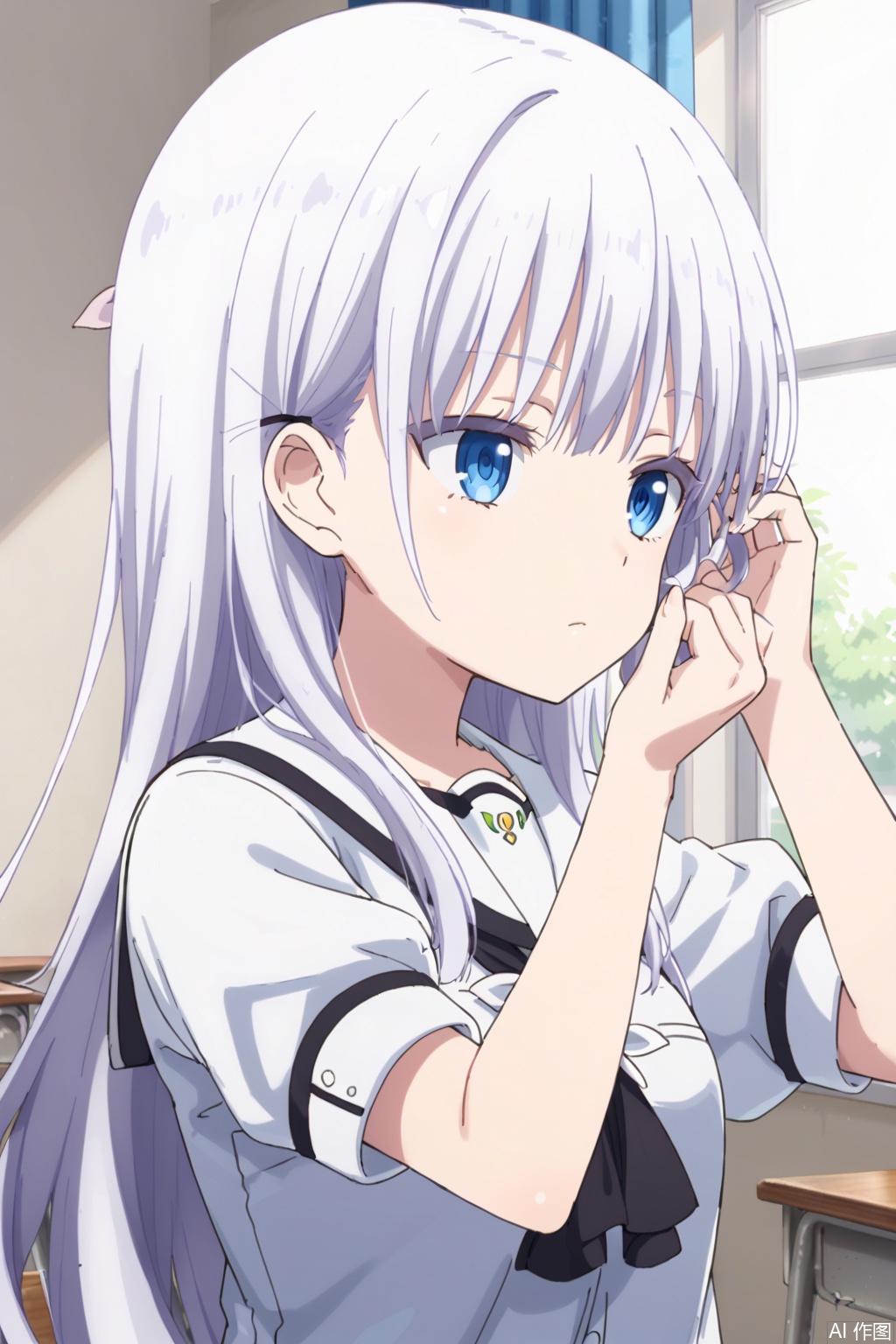 1girl,solo,long hair,bangs,blue eyes,closed mouth,white hair,,,,white dress,(upper body:1.2),slim,,adjusting hair,expressionless eyes,expressionless,Indoor,school uniform,,(profile:0.8),,classroom,curtain