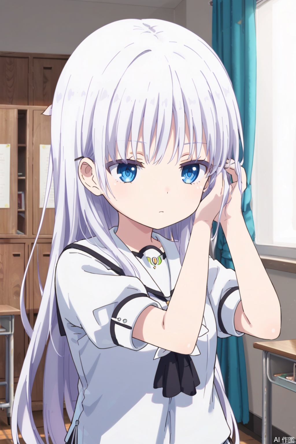 1girl,solo,long hair,bangs,blue eyes,closed mouth,white hair,,loli,,white dress,(upper body:1.2),slim,,adjusting hair,expressionless eyes,expressionless,Indoor,school uniform,,(profile:0.8),,classroom,curtain