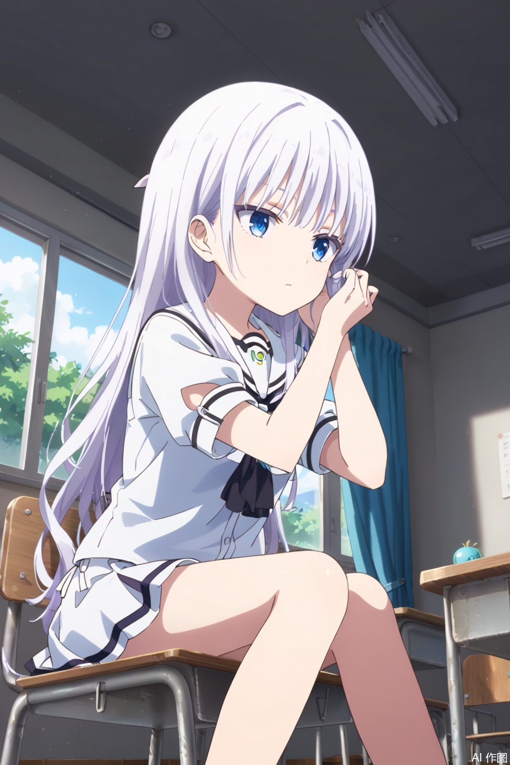 1girl,solo,long hair,bangs,blue eyes,closed mouth,white hair,,,slim,,adjusting hair,expressionless eyes,expressionless,Indoor,school uniform,,(profile:0.8),,classroom,curtain,masterpiece,best quality,official art,extremely detailed CG unity 8k wallpaper, sit,white skirt,Thin legs,from below