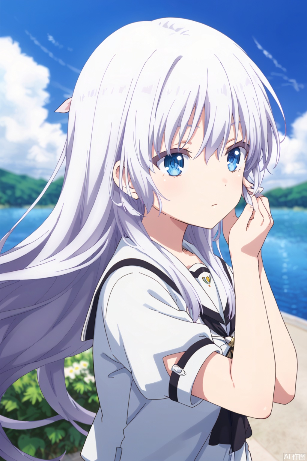1girl, solo, long hair, bangs, blue eyes, shirt, hair between eyes, very long hair, closed mouth, upper body, white hair, outdoors, sky, day, blurry, blue sky, floating hair, blurry background, hand in own hair,school uniform