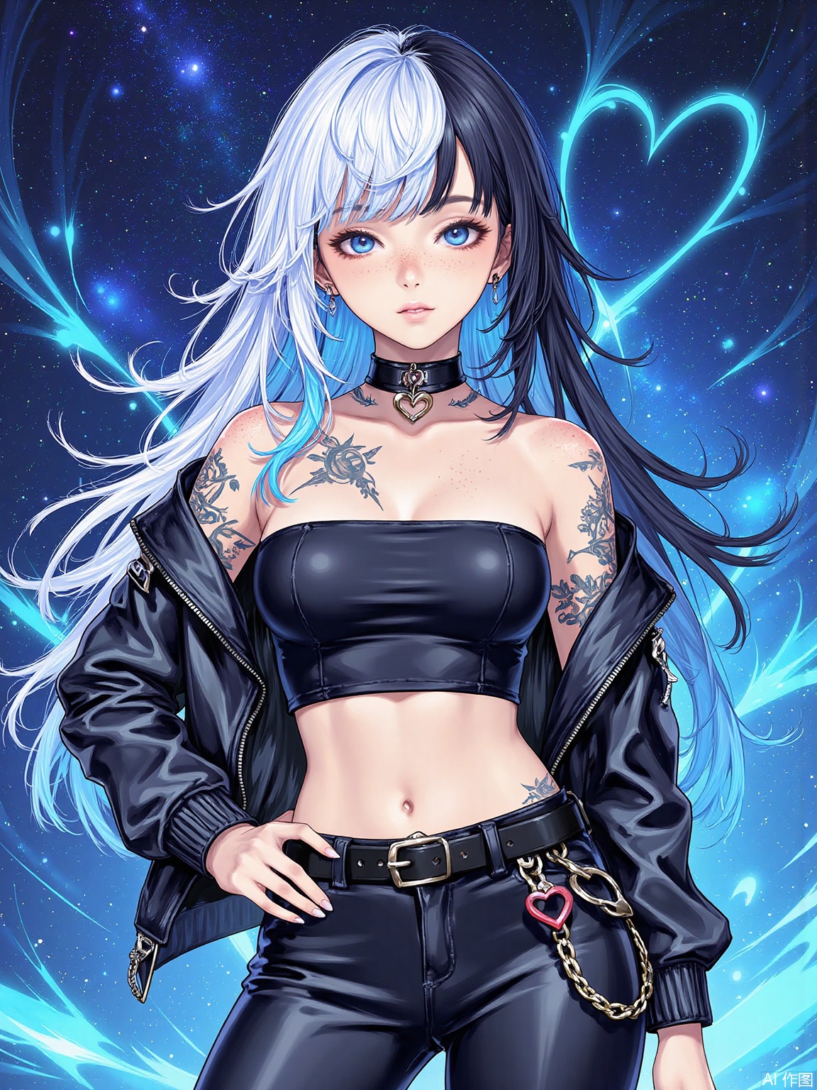 lineart,masterpiece,(artist_:0.6),best quality,good quality,newest,very aesthetic,extreme aesthetic,absurdres,Visual impact,ultra-high resolution,32K UHD,sharp focus,best-quality,masterpiece,Emotionalization,masterpiece,masterful details,,artist_loh,artist_syd,artist_anhds,
,1girl, breasts, solo, piercing, heart, pants, long hair, navel piercing, tattoo, jacket, blue hair, choker, jewelry, navel, multicolored hair, looking at viewer, earrings, freckles, black pants, midriff, black jacket, leather pants, large breasts, cleavage, ear piercing, off shoulder, leather, white hair, crop top, open jacket, makeup, two-tone hair, belt, heart choker, black choker, parted lips, mole, heart tattoo, cowboy shot, eyeshadow, open clothes, denim, lips, as7034An illustrated female character with an edgy and futuristic style. She has blue hair, is wearing a leather outfit, and is adorned with tattoos. Her pose is neutral with one hand on her hip. The background features a vibrant blue nebula or galaxy effect, enhancing the cosmic ambiance of the image. 