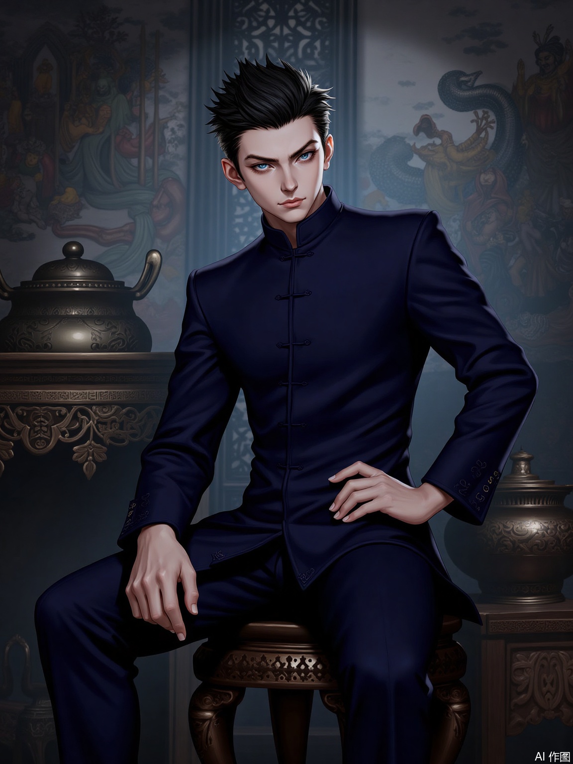 artist_AHDS,good fingers,
1boy,Tag: #1boy #DigitalArt #RealismFantasyMix #TangSuitShortHair #RebelliousAura #BlackShortHair #ChiseledFeatures #BlueEyes #SharpGaze #DangerousExpression #HandOnKnee #TangSuit #DownwardAngle #TraditionalInterior #DimLighting #ChineseCyberpunkStyle
Description: A young male with a rebellious aura, sporting short black hair and chiseled facial features. His blue eyes hold a deep and sharp gaze, giving off a dangerous expression. He sits casually on a traditional wooden stool, one hand resting on his knee. Dressed in an elegant dark blue Tang suit, he is viewed from a downward angle, looking at the camera.
The setting is a traditional Chinese room adorned with intricate murals depicting ancient scenes and legends, adding to the mysterious atmosphere. Bronze vessels and other antique artifacts are displayed around the room, enhancing the sense of history and intrigue. Dim lighting casts soft shadows, creating a dynamic composition that blends realism and fantasy in a Chinese cyberpunk style. This scene captures both the elegance of traditional attire and the edginess of modern aesthetics, while the surrounding antiquities and murals evoke a sense of timeless mystery.