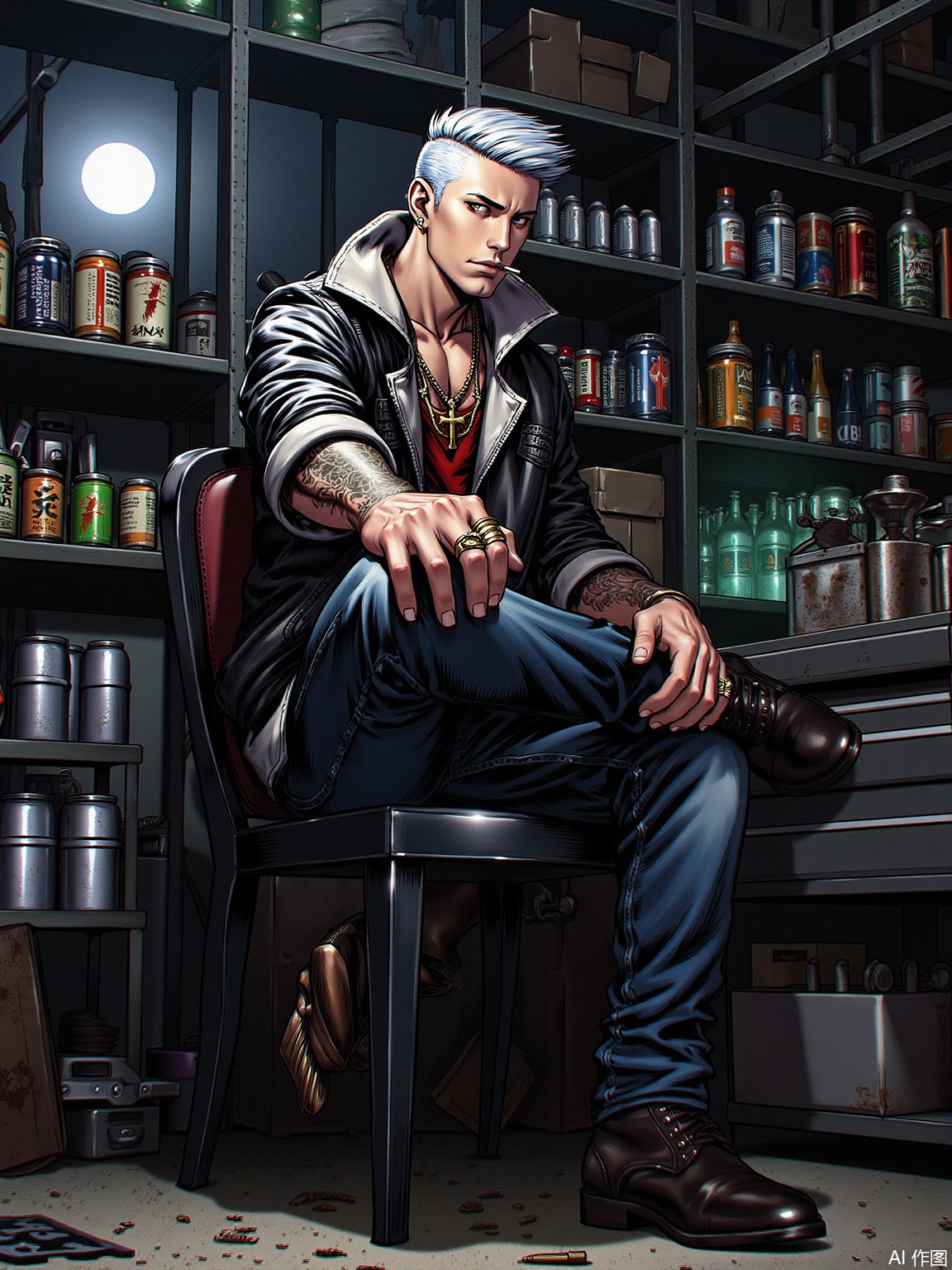 artist_AHDS,good fingers,
artist_AHDS,A man sitting on top of a chair.1boy,, male focus, jewelry, ring, tattoo, solo, necklace, cross, sitting, rifle, assault rifle, leather, white hair, piercing, cigarette, earrings, moon, bullet, boots, jacket
﻿
In the background,  The garage is filled with shelves stocked with cans, bottles, and other mechanical supplies, indicating a well-used workspace. The overall atmosphere is gritty and industrial, emphasizing themes of rebellion and mechanical expertise.