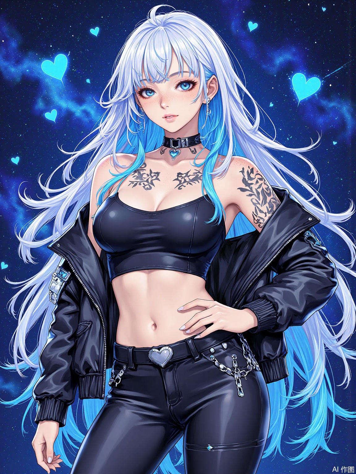 lineart,masterpiece,(artist_:0.6),best quality,good quality,newest,very aesthetic,extreme aesthetic,absurdres,Visual impact,ultra-high resolution,32K UHD,sharp focus,best-quality,masterpiece,Emotionalization,masterpiece,masterful details,,artist_loh,artist_syd,artist_anhds,
,1girl, breasts, solo, piercing, heart, pants, long hair, navel piercing, tattoo, jacket, blue hair, choker, jewelry, navel, multicolored hair, looking at viewer, earrings, freckles, black pants, midriff, black jacket, leather pants, large breasts, cleavage, ear piercing, off shoulder, leather, white hair, crop top, open jacket, makeup, two-tone hair, belt, heart choker, black choker, parted lips, mole, heart tattoo, cowboy shot, eyeshadow, open clothes, denim, lips, as7034An illustrated female character with an edgy and futuristic style. She has blue hair, is wearing a leather outfit, and is adorned with tattoos. Her pose is neutral with one hand on her hip. The background features a vibrant blue nebula or galaxy effect, enhancing the cosmic ambiance of the image. 