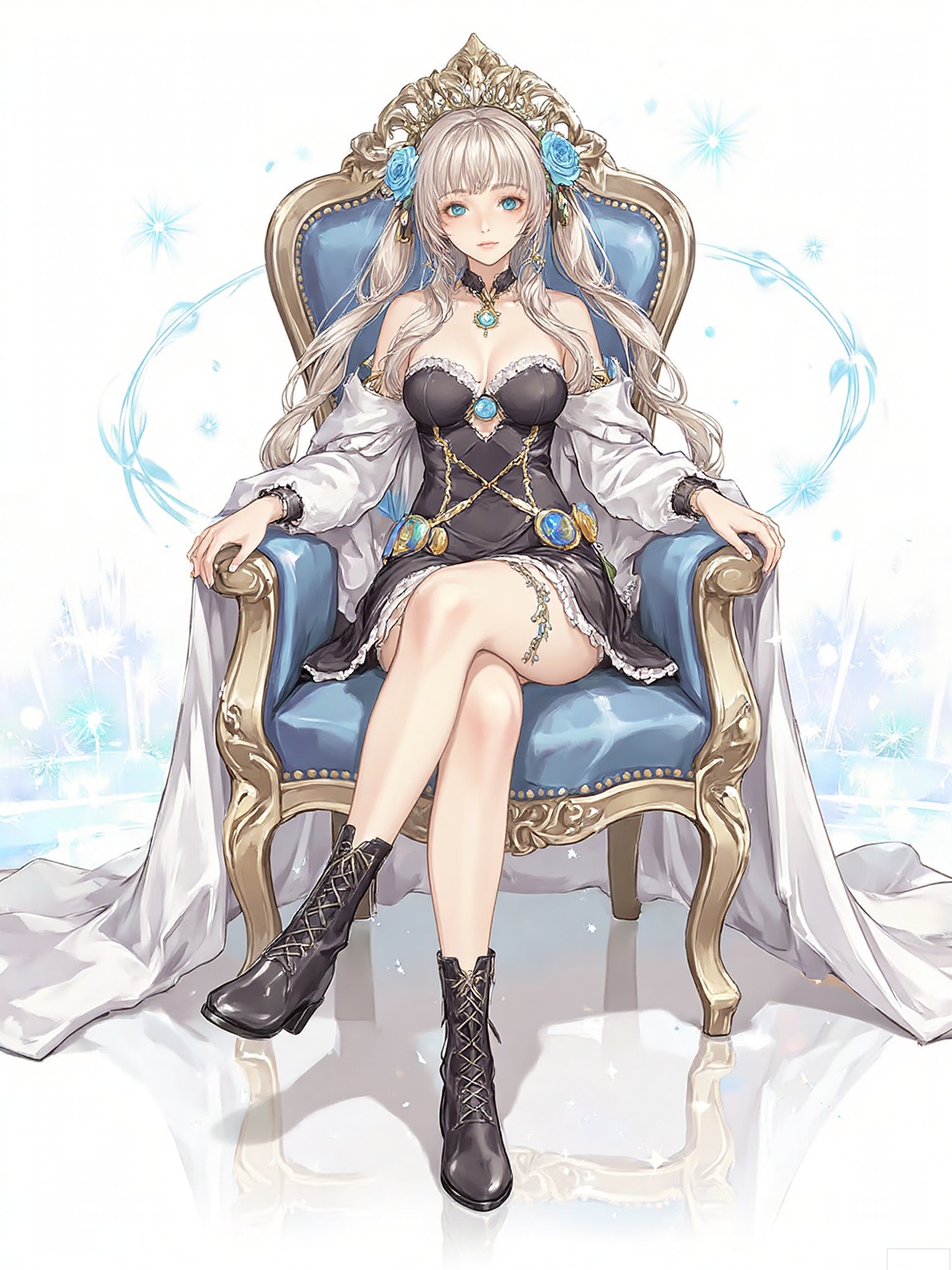 lineart,masterpiece,(artist_:0.6),best quality,good quality,newest,very aesthetic,extreme aesthetic,absurdres,Visual impact,ultra-high resolution,32K UHD,sharp focus,best-quality,masterpiece,Emotionalization,masterpiece,masterful details,,artist_loh,artist_syd,artist_anhds,
1girl, solo, long hair, sitting, flower, crossed legs, boots, looking at viewer, breasts, twintails, hair flower, hair ornament, black footwear, bare shoulders, white background, holding, thighhighs, blue eyes, dress, bangs, off shoulder, blue flower, rose, white thighhighs, full body, fur trim, simple background, detached collar, chair, crown, closed mouth, white hair, lace trim, jacket, thighs, long sleeves, blue rose, small breasts, strapless, frills, medium breasts, lace-trimmed legwear, very long hair, throne, sidelocks, ankle boots, jewelry, choker, ribbon, blue gemstone, blush, cross-laced footwear, gem, arm strap, coat, pom pom (clothes), cleavage, reflective floor, strapless dress, open clothes, mini crown, collarbone, as7034A teenage girl with long blonde hair, wearing a black and white outfit, seated on an ornate blue throne. Her posture is relaxed, with her hand resting on the armrest of the throne. Behind her, a trail of light blue sparkles extends into the background, contributing to the dreamlike atmosphere. The image has a soft focus effect on the background, making the girl stand out as the focal point. The color palette consists of pastel shades, creating a calm and serene mood. 