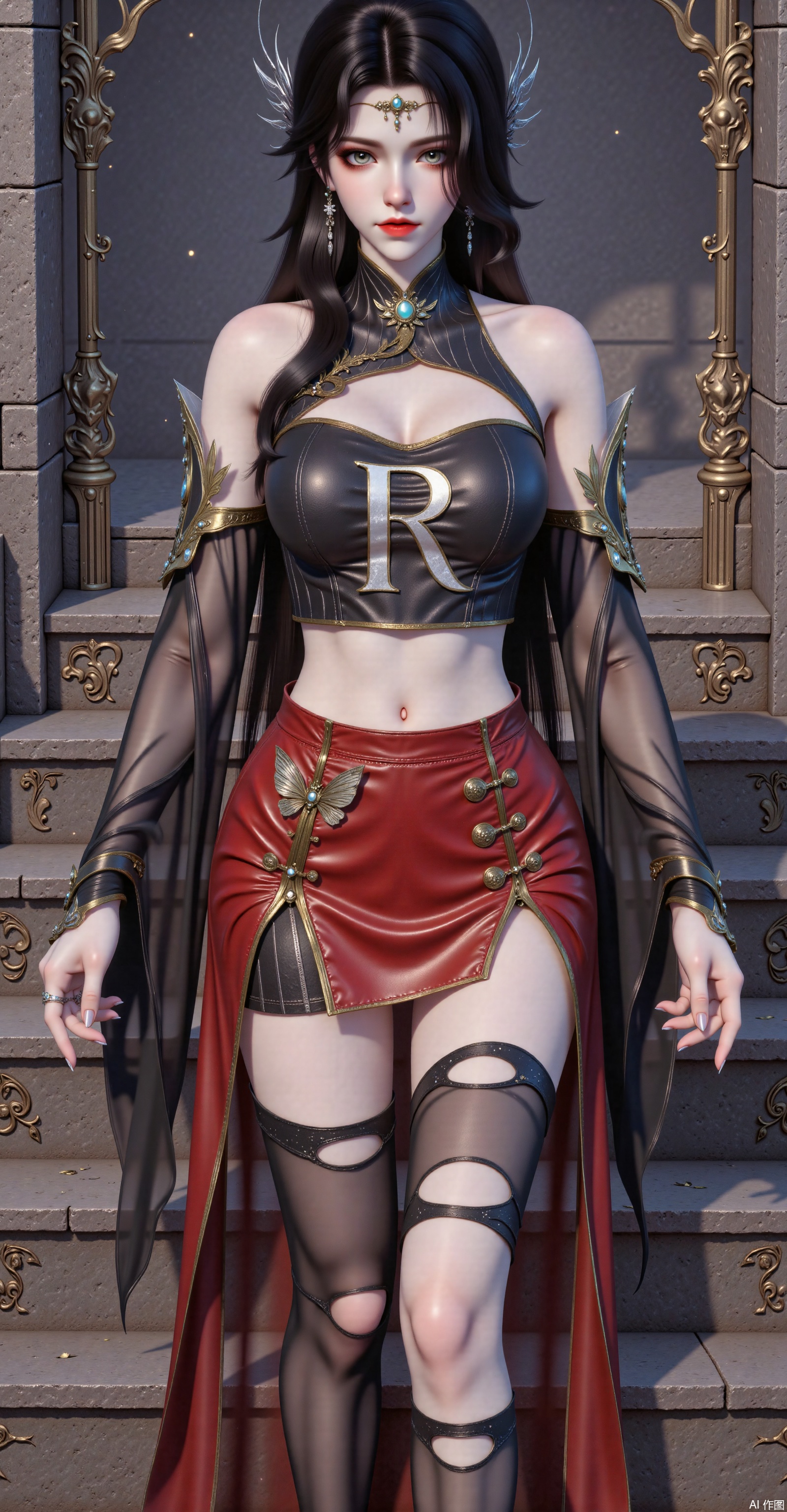 Character: A woman with long dark hair wearing a butterfly necklace, a ring on her fingers and nails made of nails. Full body, long legs, high heels - Clothes: dark black backless neck off-shoulder top with white letter "R" on the chest, hollowed out at the waist; red short skirt, asymmetrical design, buttons; black ripped stockings. - Background: The steps in the castle. The cool and dark style combines skin exposure, personalized lettering decorations and unique tailoring elements to express a cool and personalized temperament.