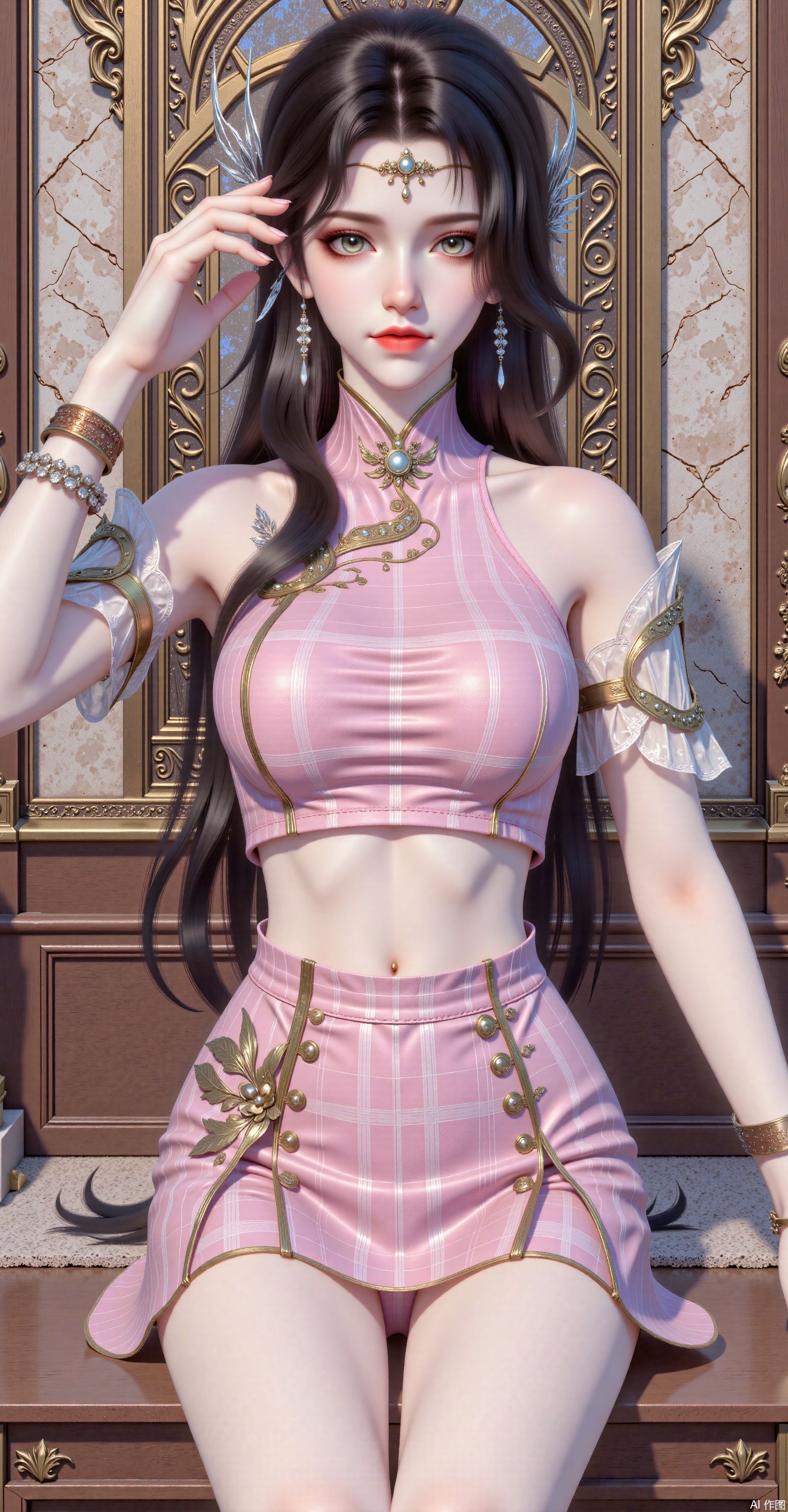 Character: Long-haired female, naturally drooping black hair, wearing a white neckline, a navel jewelry in the shape of a butterfly on her belly, and multiple brown braided bracelets on her wrist. Full body, long legs, high heels - Clothing: Pink plaid pattern off-sleeved sleeveless short vest with lapels and black buttons; pink plaid pattern skirt with decorative buttons on both sides of the skirt. - Background: Castle, magnificent style, retro college style and sweet and cool style are blended. Plaid elements and pleated short skirts reflect the college atmosphere, while off-shoulder tops, navel decorations, etc. add a sweet and cool feeling.
