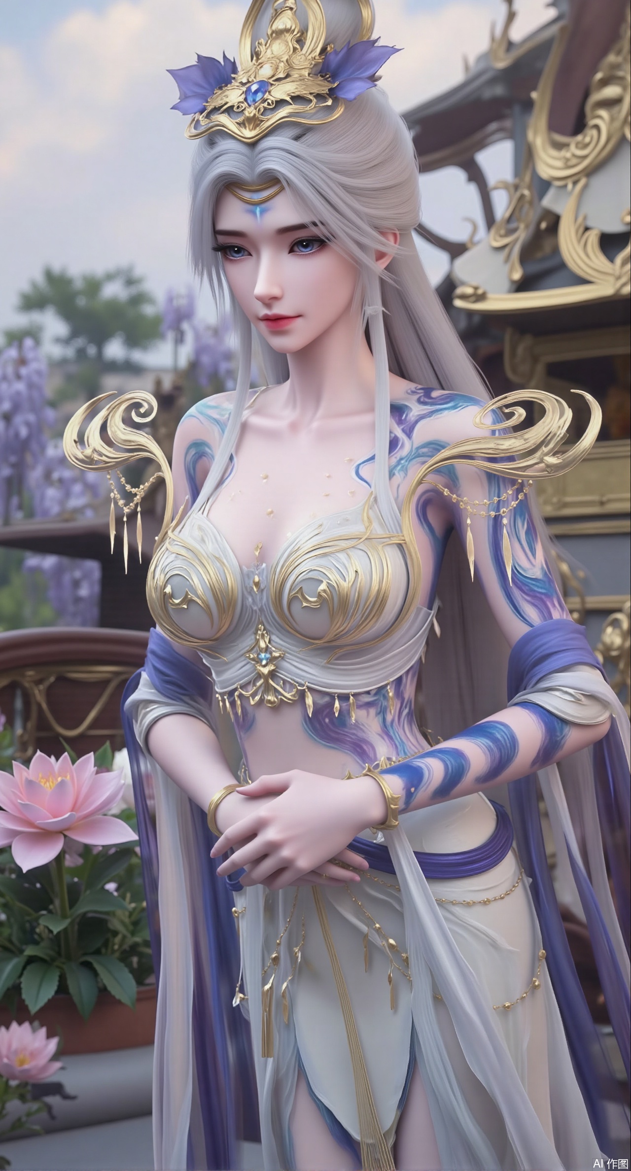 SFW,(masterpiece, top quality, best quality, official art, beautiful and aesthetic:1.2),Realistic,long dress,(Traditional Asian-inspired attire with a vibrant floral accessory and intricate hair ornament),realistic,hanfu photography,hanfu,1girl,fair_skin,glamor,very long hair,absurdres,incredibly absurdres,wallpaper,artbook,chinese_style_loft,turret,tower,handrail,plant,wisteria,spider_lily,face_focus,dynamic_angle,depth of field,looking_at_viewer,(huge breasts:2.99),(full breasts:2.99),(rose,rose sea:1.59)