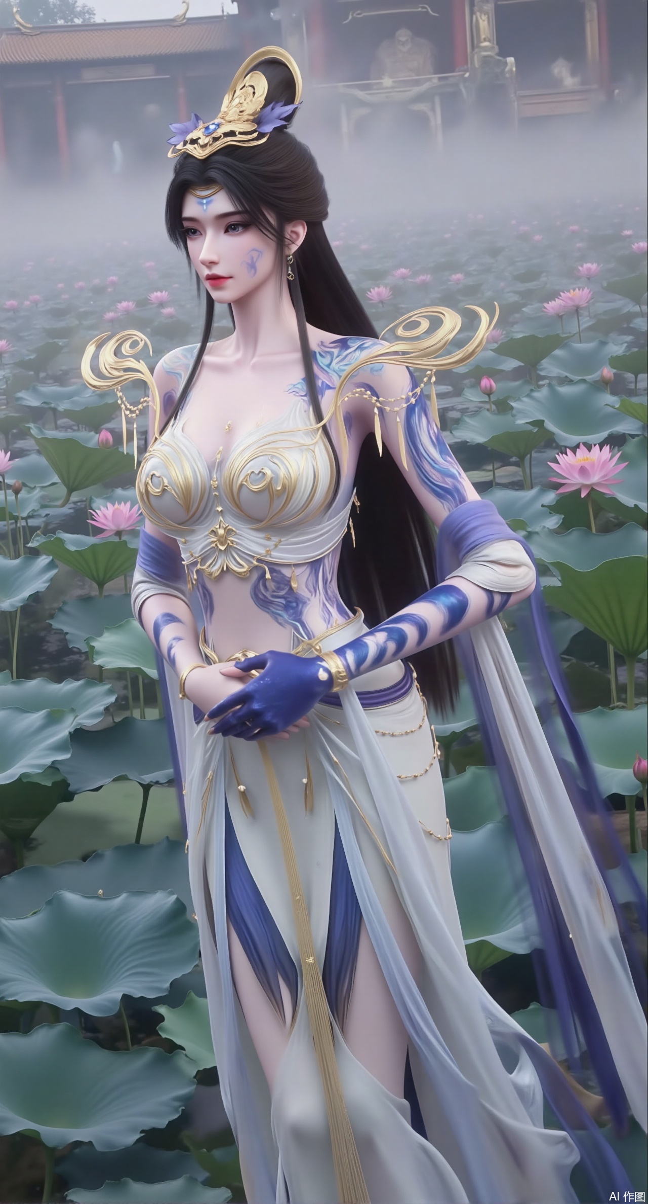 (masterpiece, best quality:1.2),A celestial maiden in Hanfu stands on a cloud, ethereal silk robes fluttering in the wind, swirling sea of clouds beneath her feet, (background reveals the emerald lotus pond of Penglai Wonderland with blooming pink-white lotuses:1.29), golden koi fish swimming in translucent water, soft morning light piercing through mist, ultra HD rendering showcases intricate embroidery on Hanfu, 8K detail captures dewdrops on lotus petals, dynamic lighting effects emphasize swirling mist movement, panoramic composition creates ethereal celestial atmosphere,(huge breasts:2.99),(full breasts:2.99),(Background with traditional Chinese architecture,Pond, water lilies:1.39)